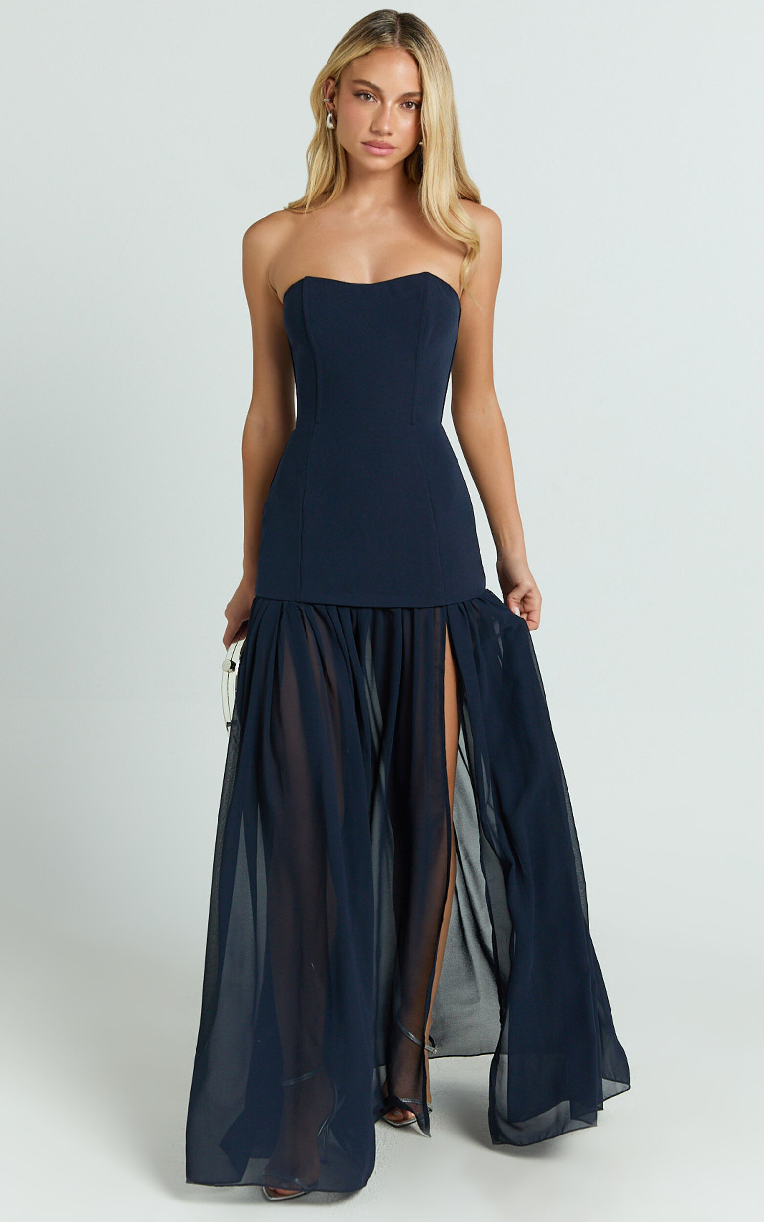 Jocelyn Maxi Dress - Strapless Ruched Fit And Flare Dress in Navy