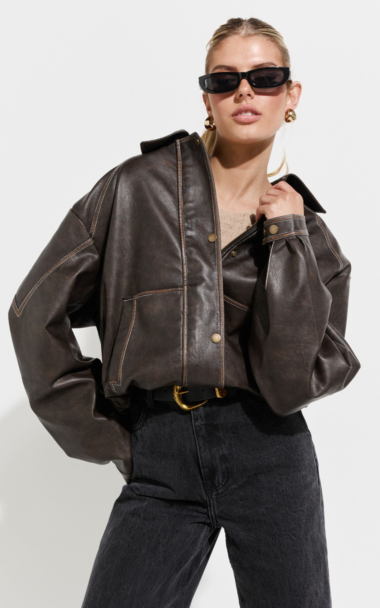 Gail Jacket - Faux Leather Bomber Jacket in Washed Brown