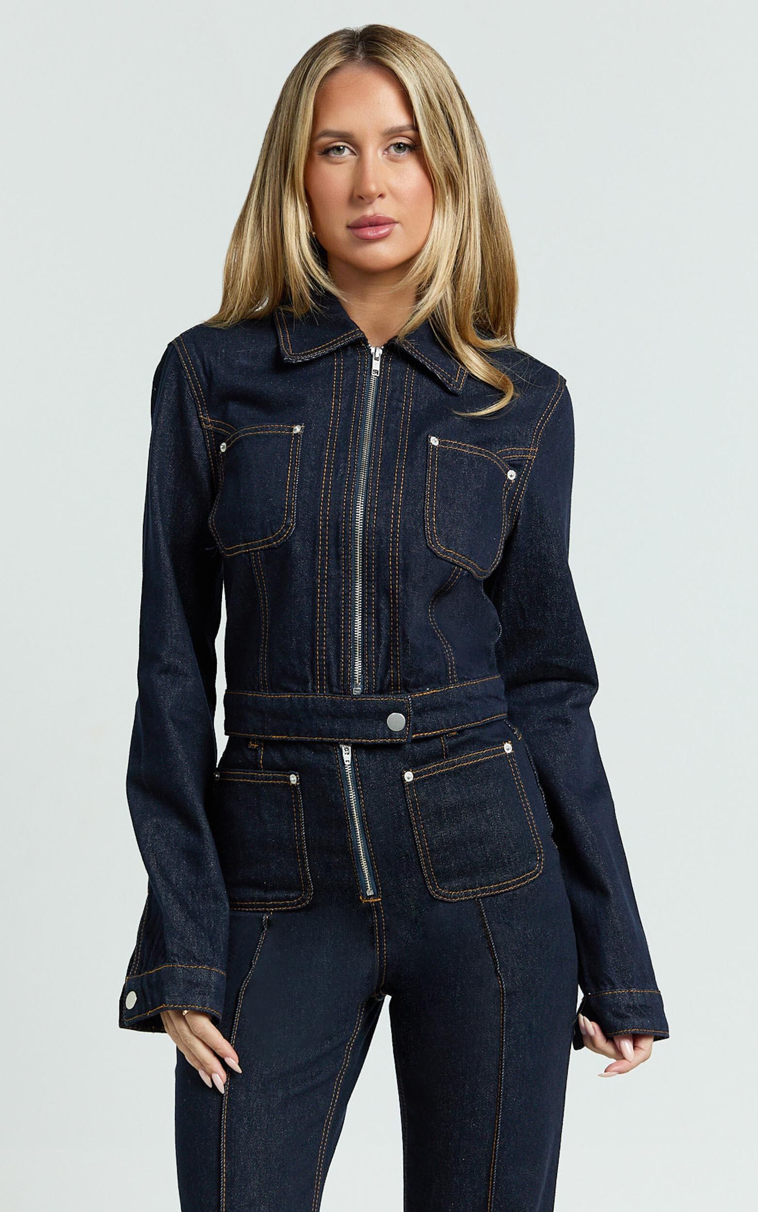 Celia Jacket - Collared Zip Front Crop Fitted Jacket in Dark Blue Wash