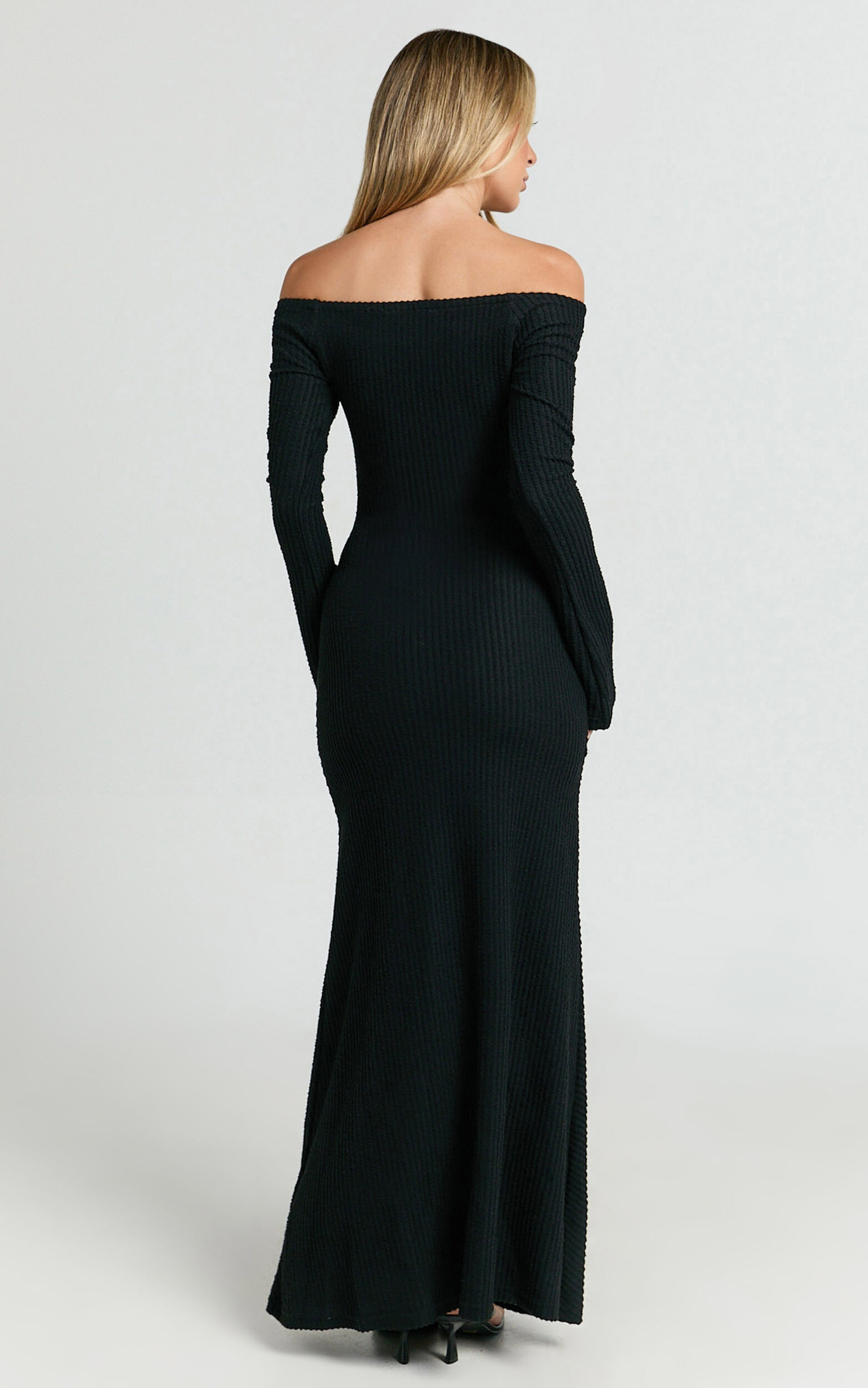 Ayla Maxi Dress - Off Shoulder Flared Sleeve Bodycon Dress in Black