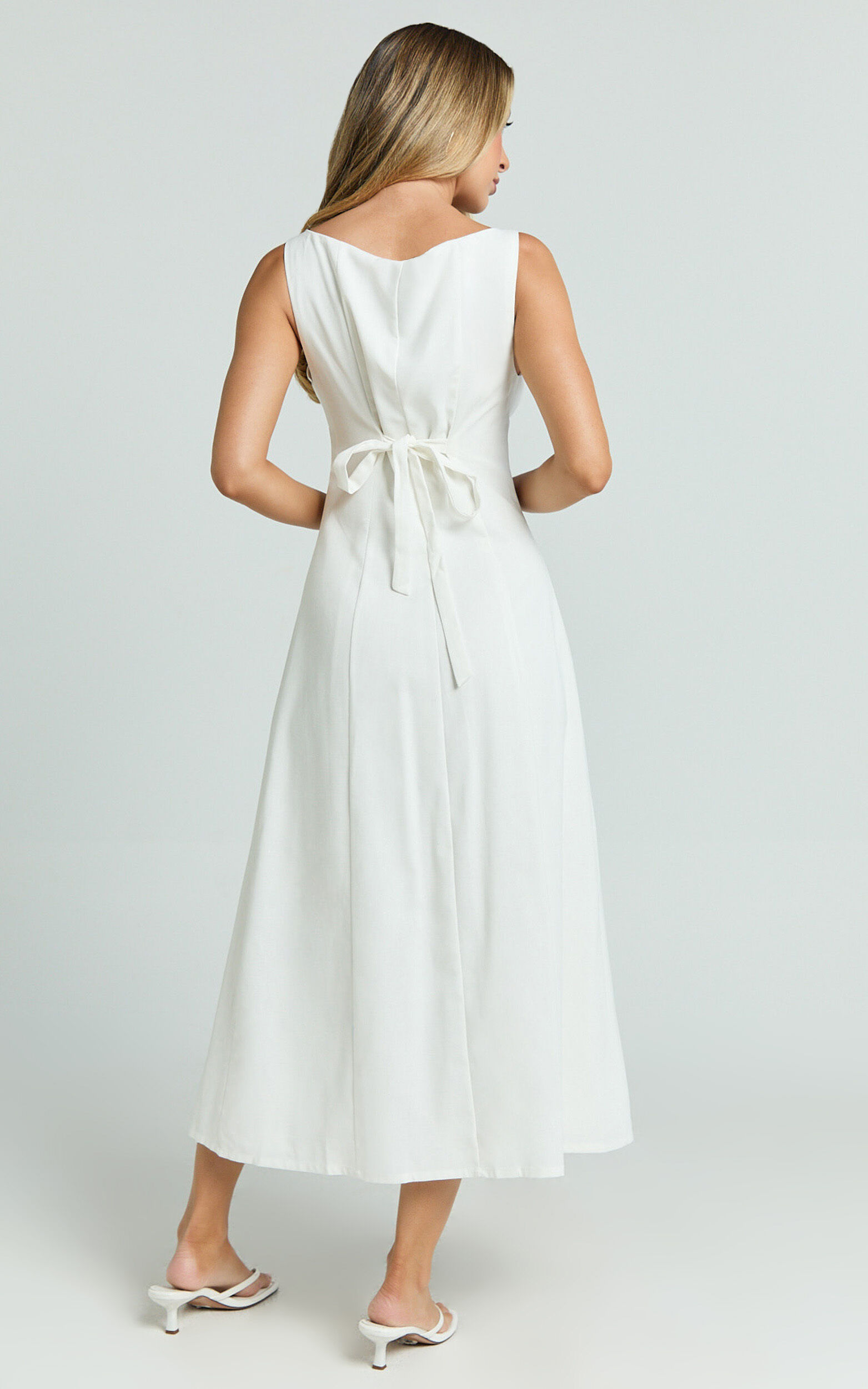 Cameron Midi Dress - Button Front Tie Back Dress in White