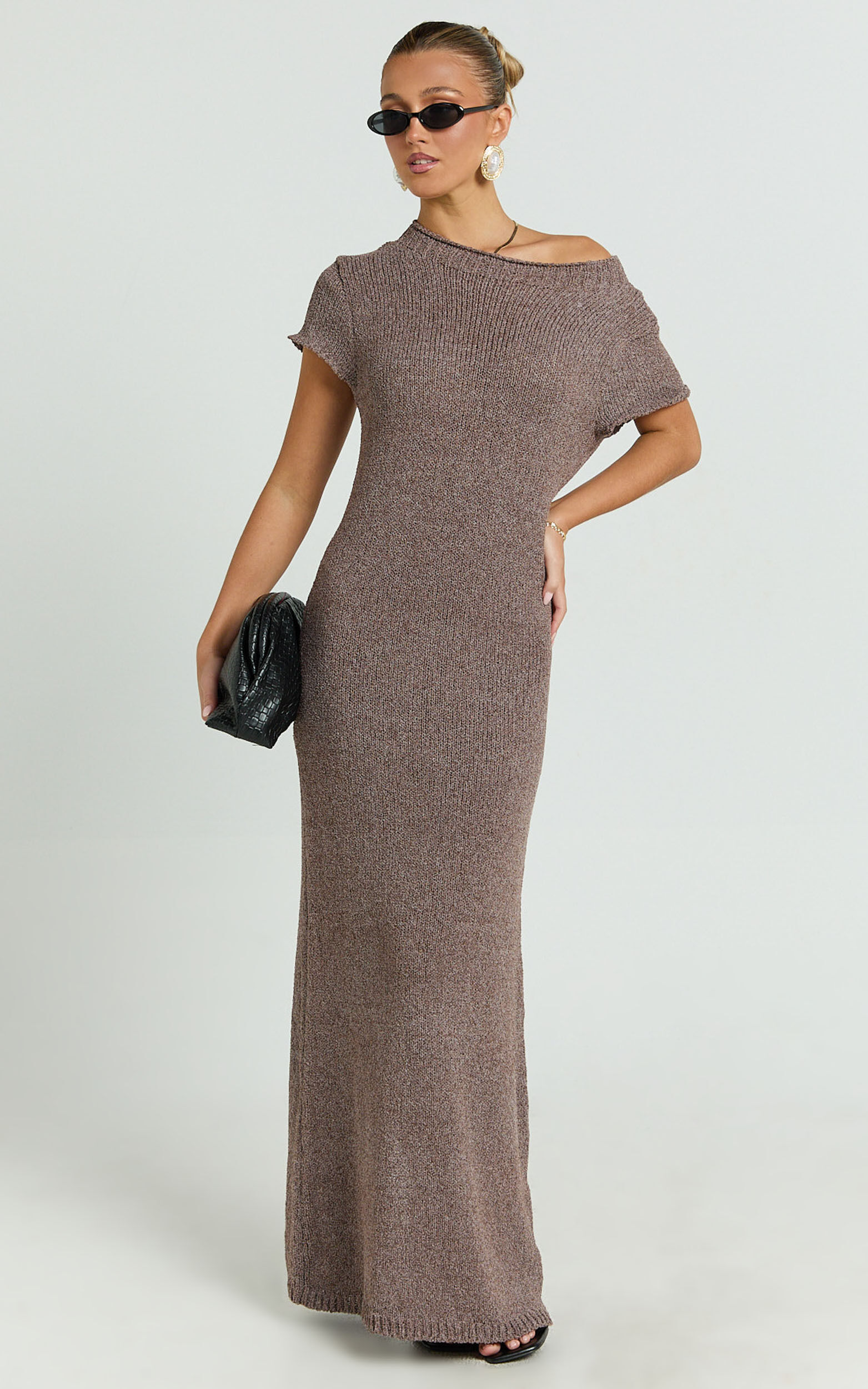 Amber Maxi Dress - Knitted T-Shirt Dress in Brown