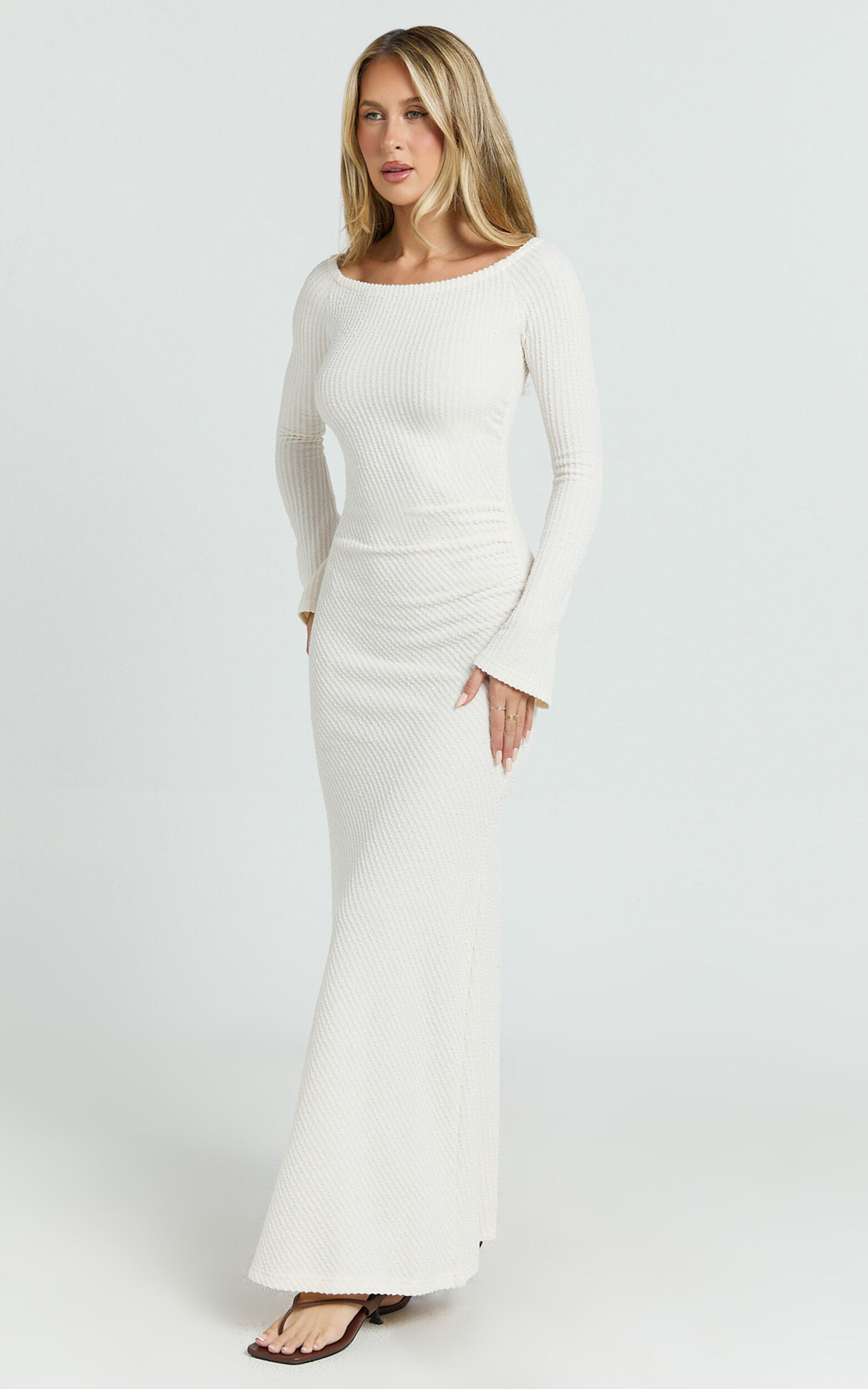 Ayla Maxi Dress - Off Shoulder Flared Sleeve Bodycon Dress in Off White