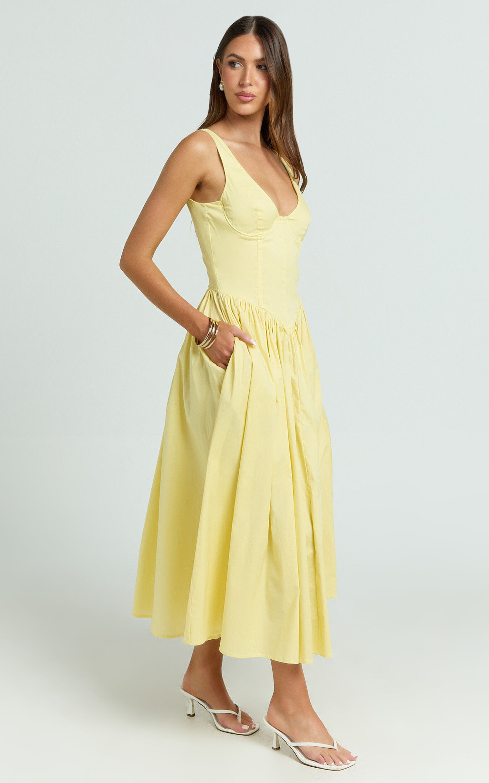 Beckett Midi Dress - Scoop Neck Drop V Waist Gathered Skirt Dress in Butter Yellow