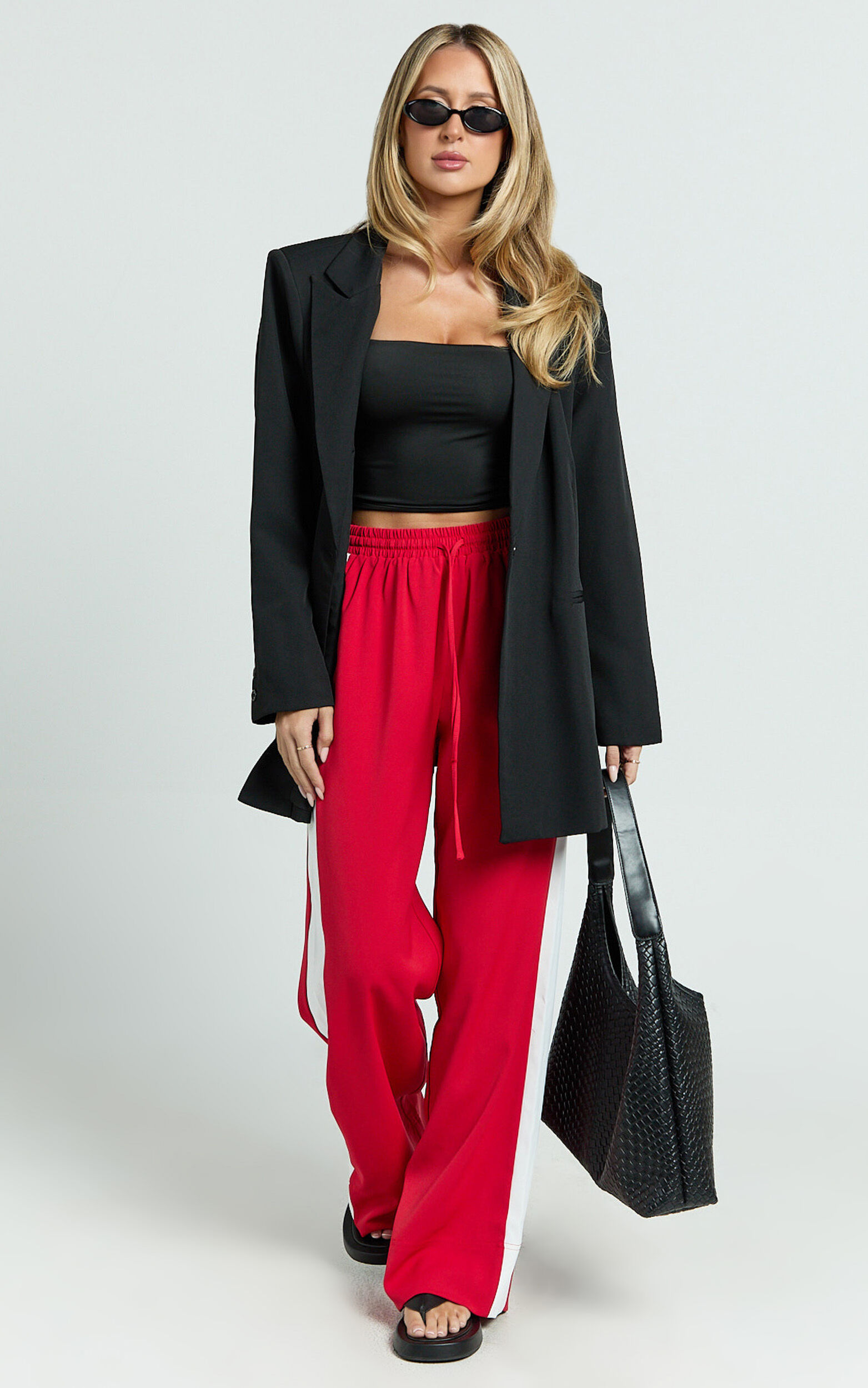 Davi Pants - Drawstring Waist Contrast Panel Tailored Pants in Red