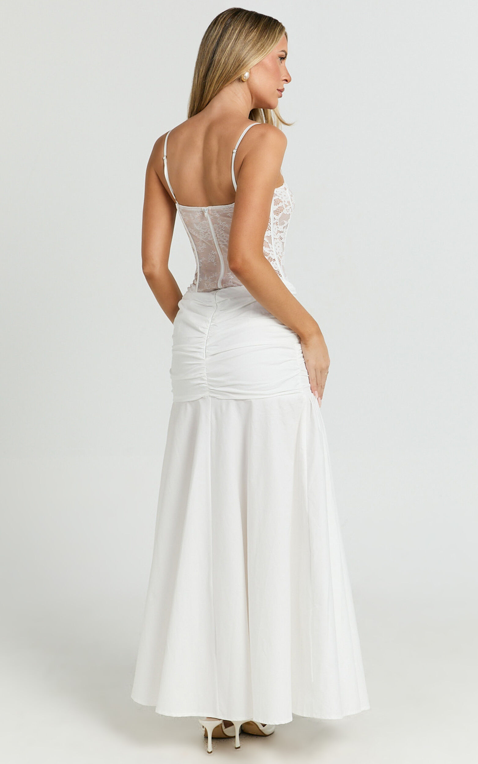 Solange Midi Skirt -  Mid Waisted Thigh High Leg Split Skirt in White