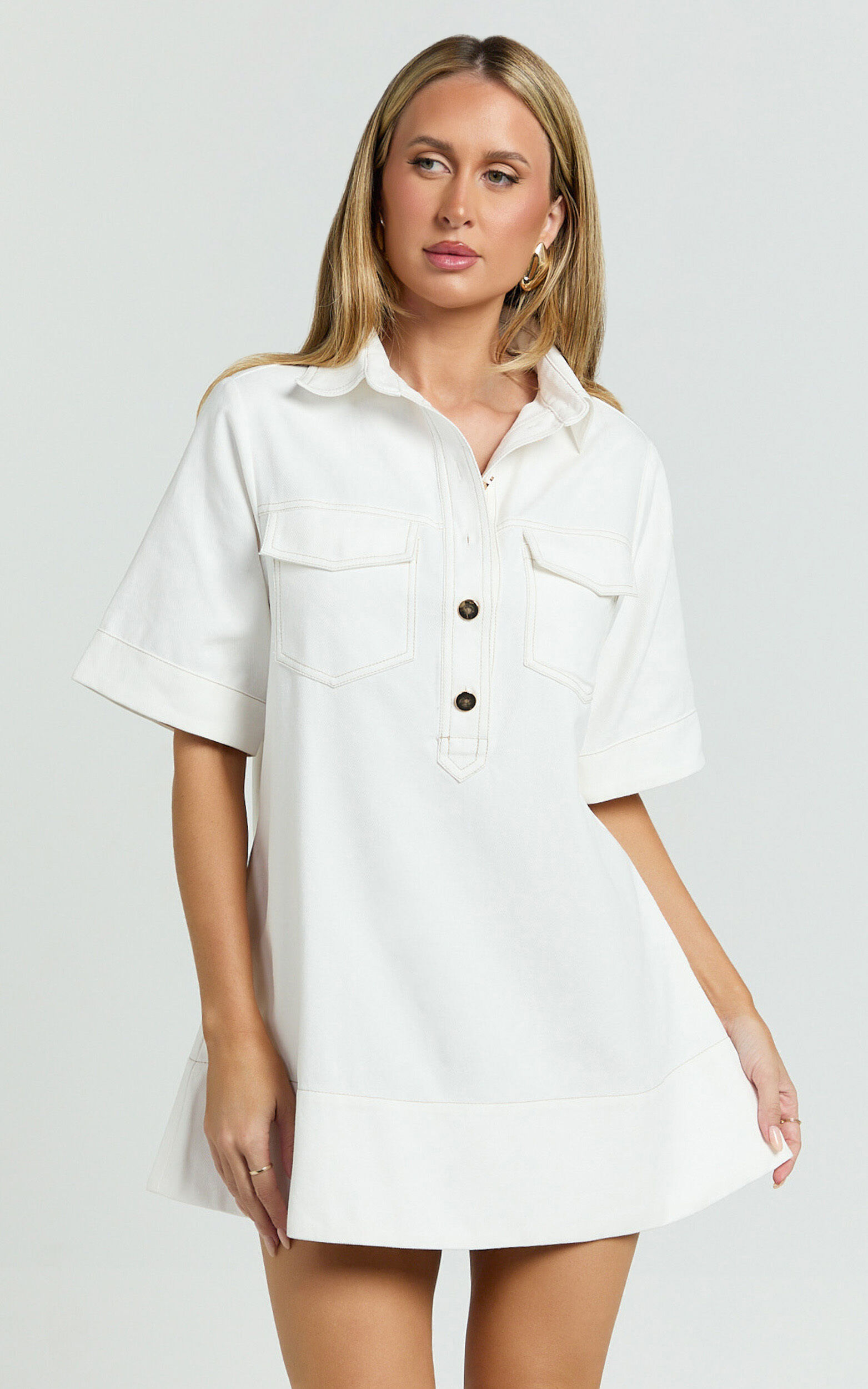 Lynda Mini Dress - Short Sleeve Collared Patch Pocket Shift Dress in Off White