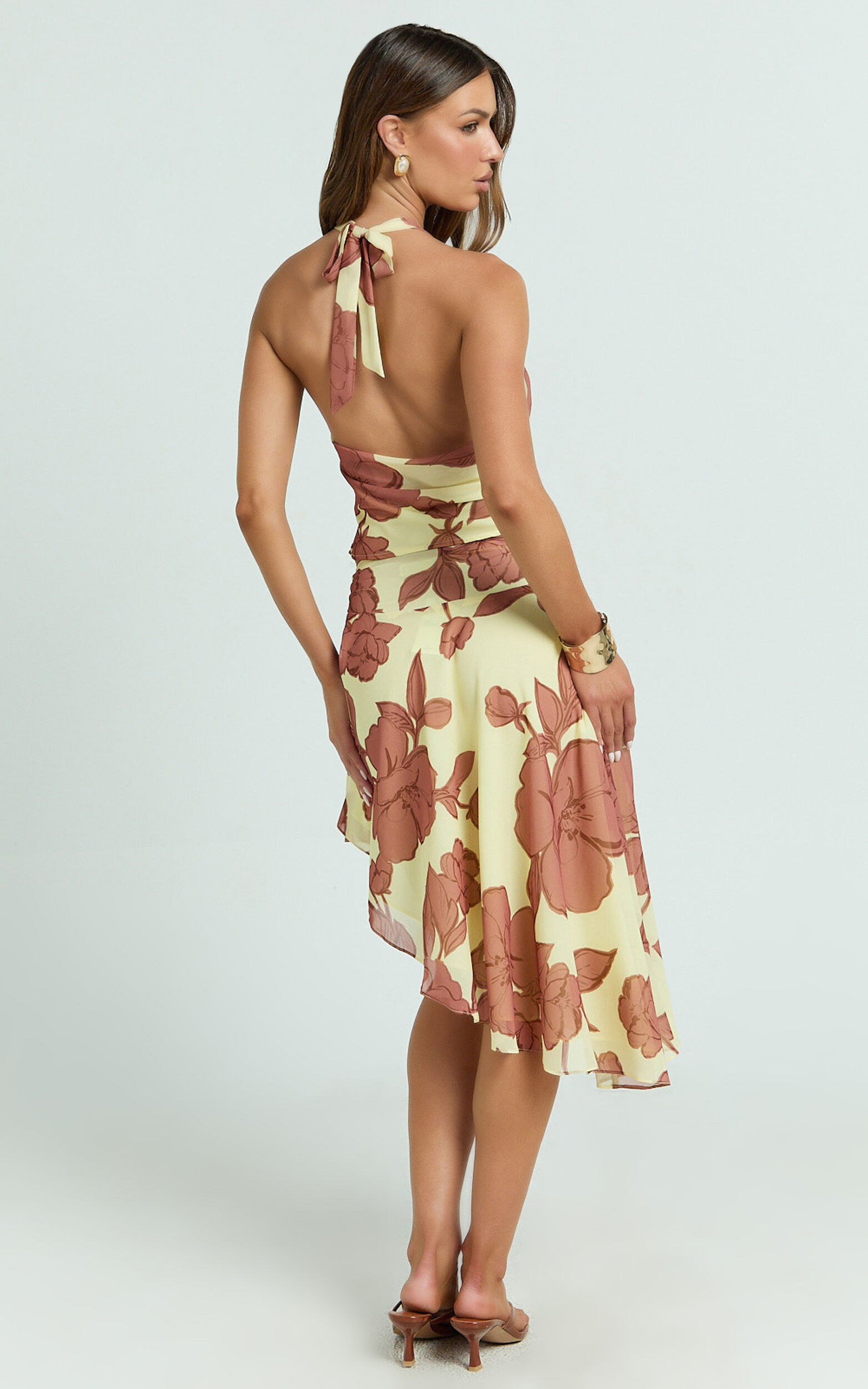 Malik Midi Skirt - Georgette Ruched Waist Asymmetric Skirt in Lemon Bouquet Di Fiori Print