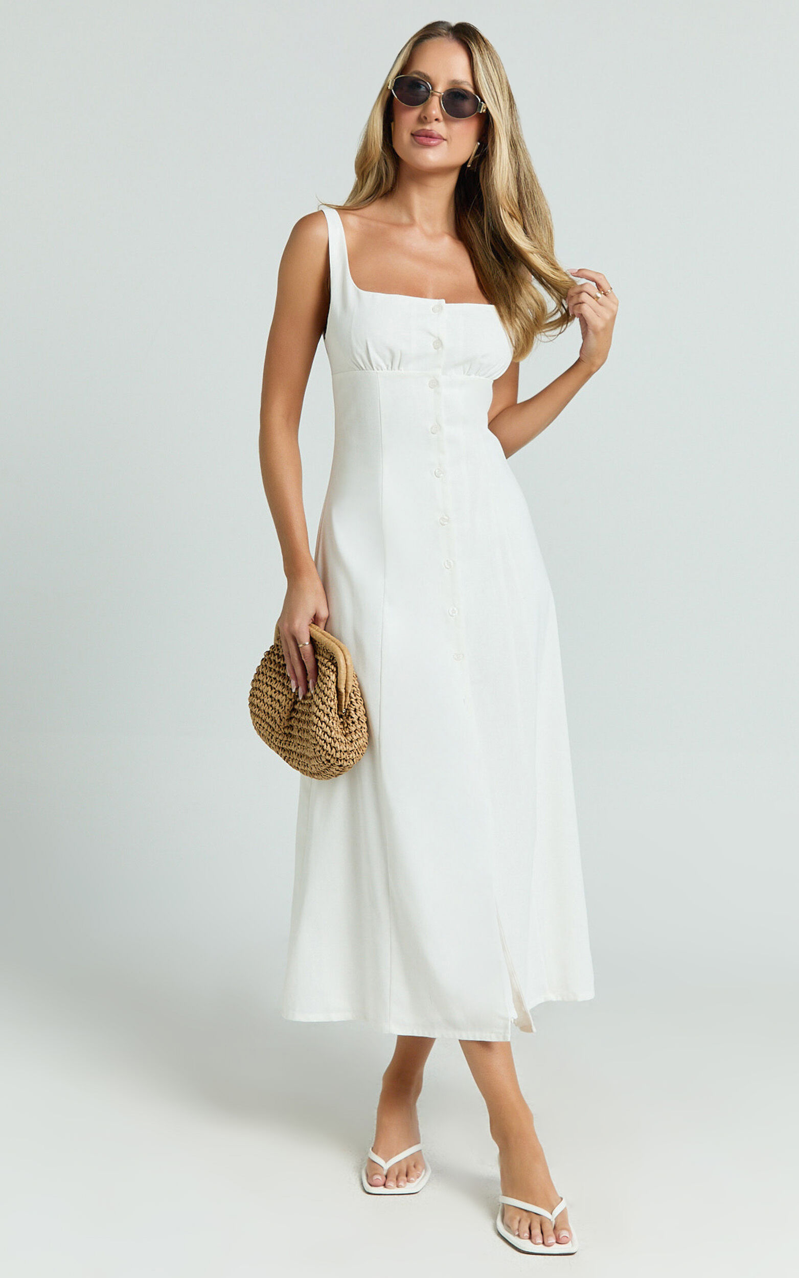 Cameron Midi Dress - Button Front Tie Back Dress in White