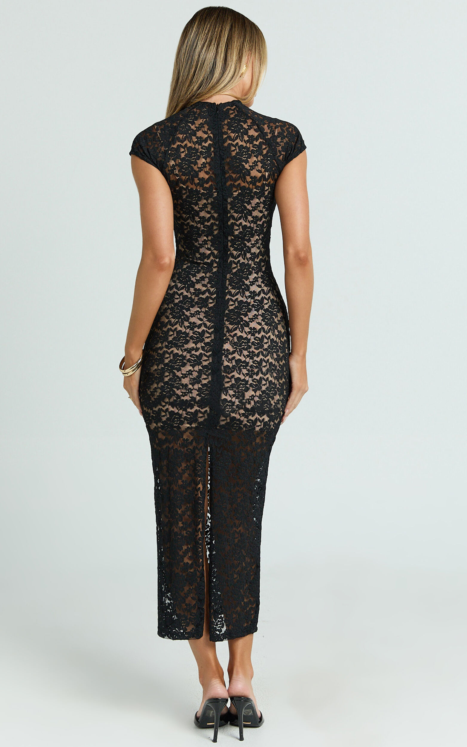 Emma Midi Dress - Lace Cap Sleeve Bodycon Dress in Black