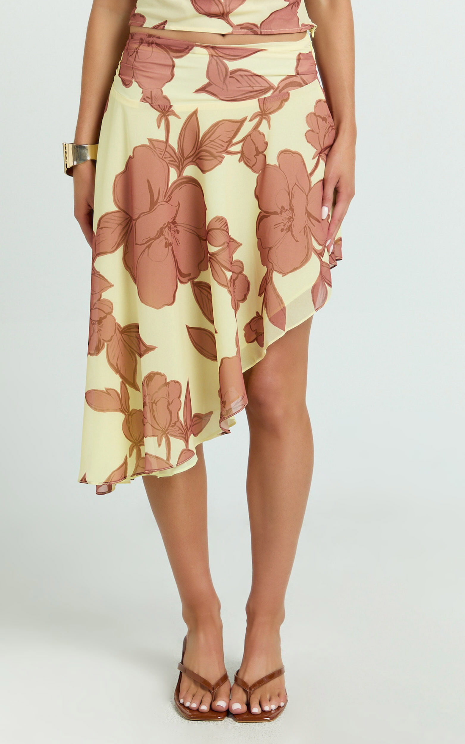 Malik Midi Skirt - Georgette Ruched Waist Asymmetric Skirt in Lemon Bouquet Di Fiori Print