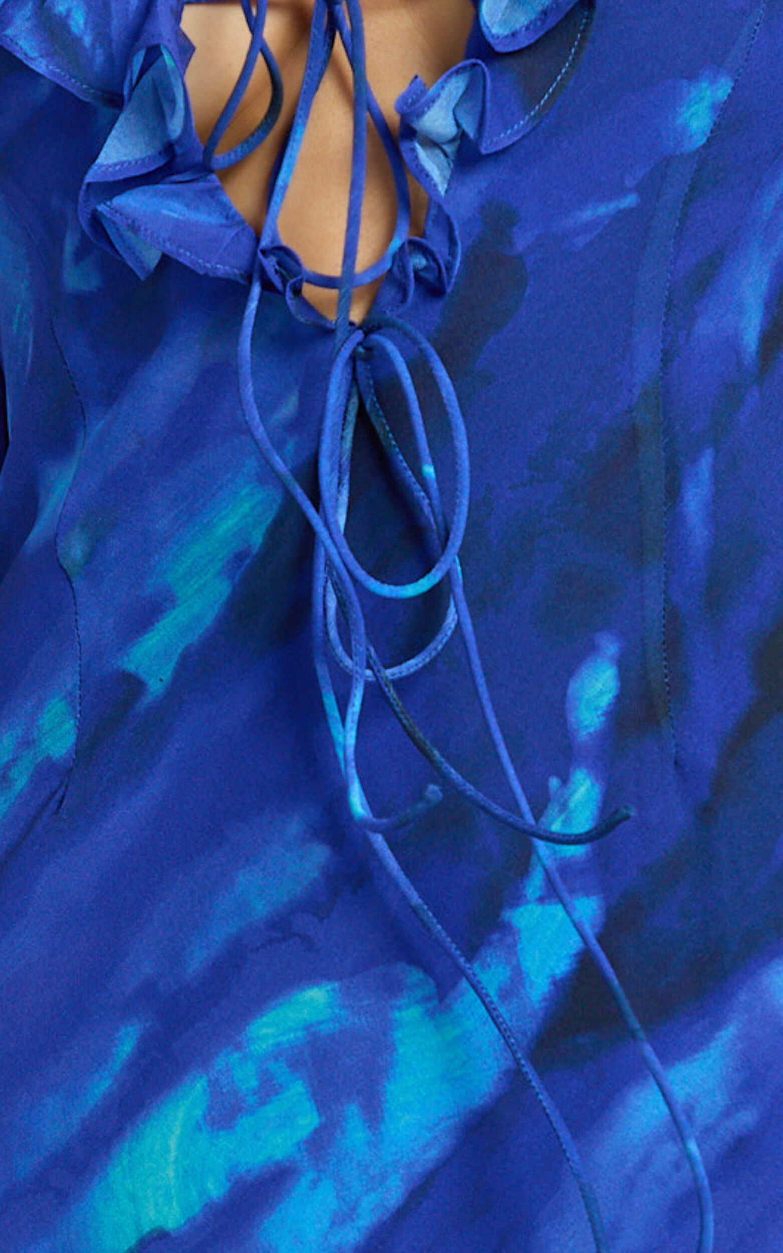 Alesya Mini Dress - Ruffle Plunge Neck Long Sleeve Tie Detail Dress in Blue Abstract