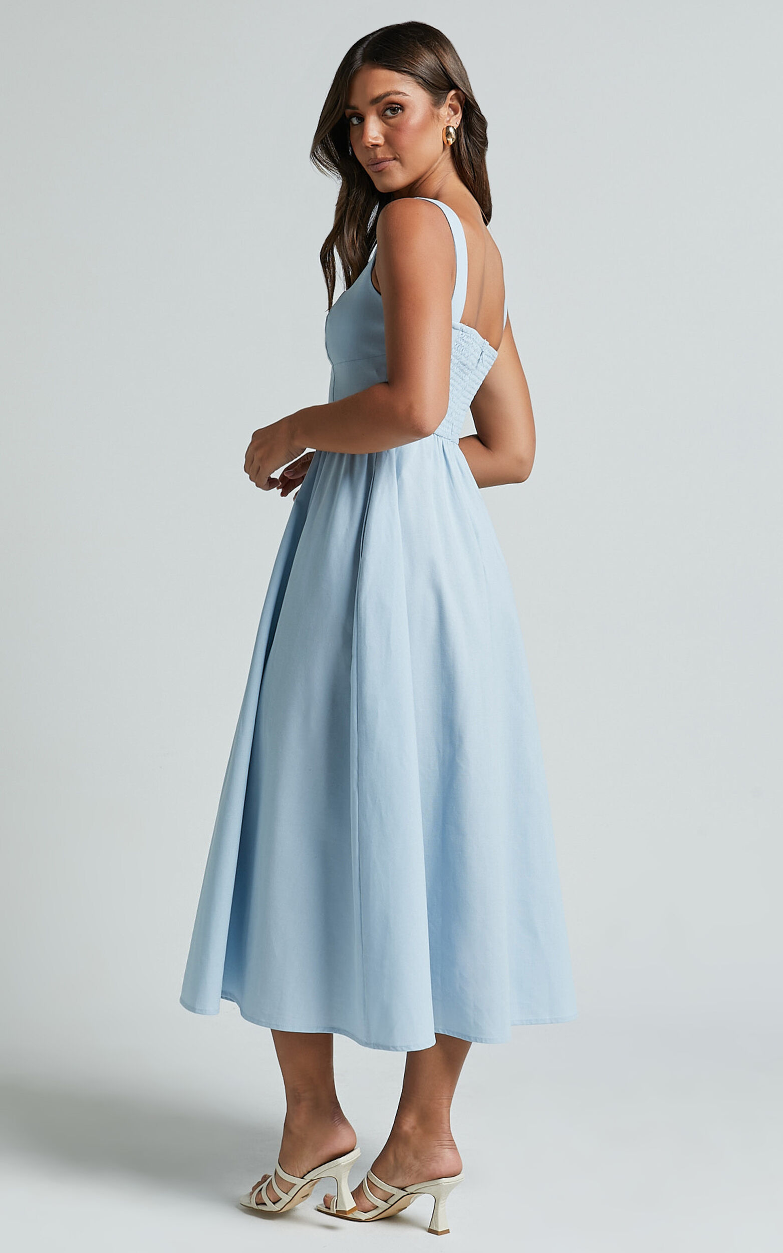 Khari Midi Dress - Linen Look Square A Line Dress in Blue