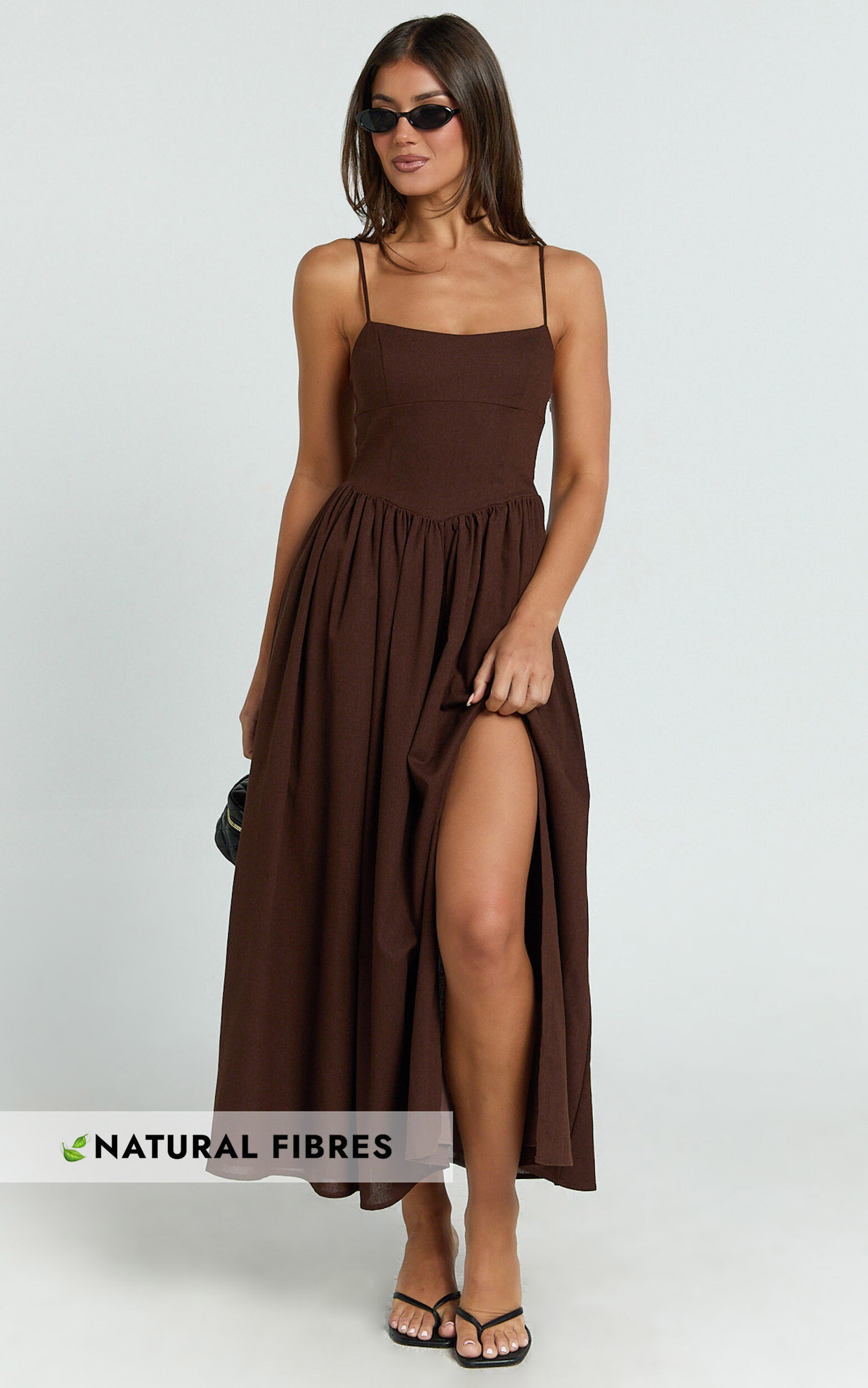 Morris Midi Dress - Linen Scoop Neck Gathered Dress in Chocolate