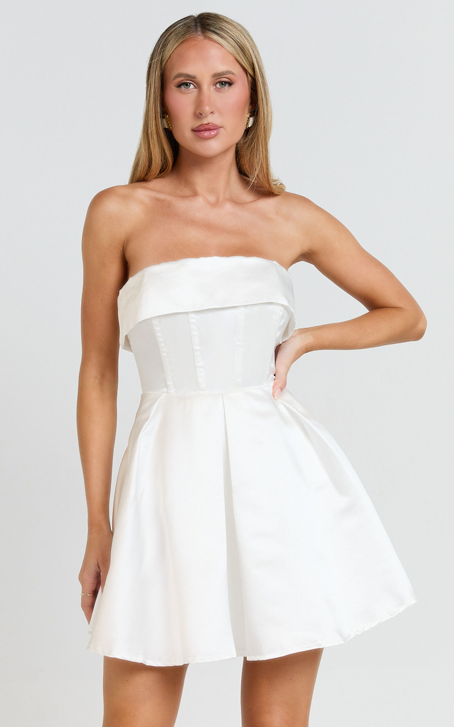 Valora Mini Dress - Strapless Fit and Flare Satin Dress in Ivory