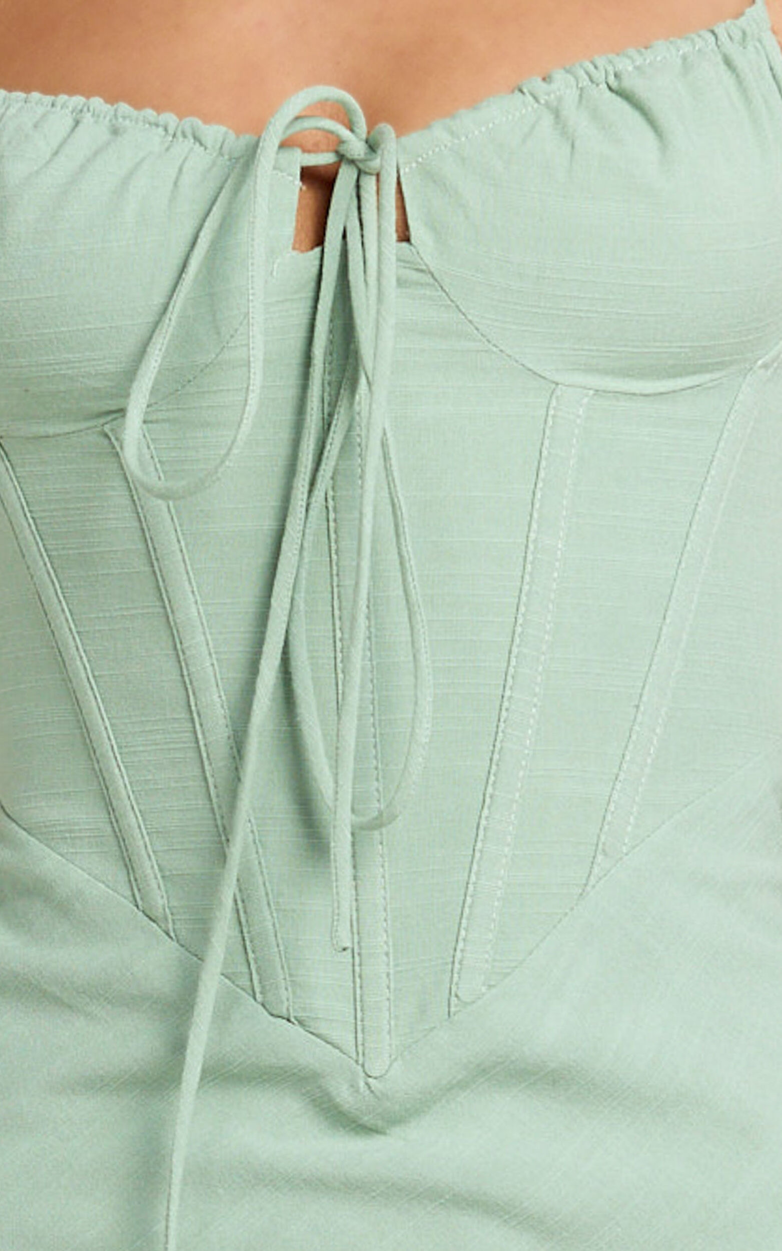 Mikayla Midi Dress - Linen Scoop Neck Ruched Bust Corset Waist Bias Skirt Dress in Sage