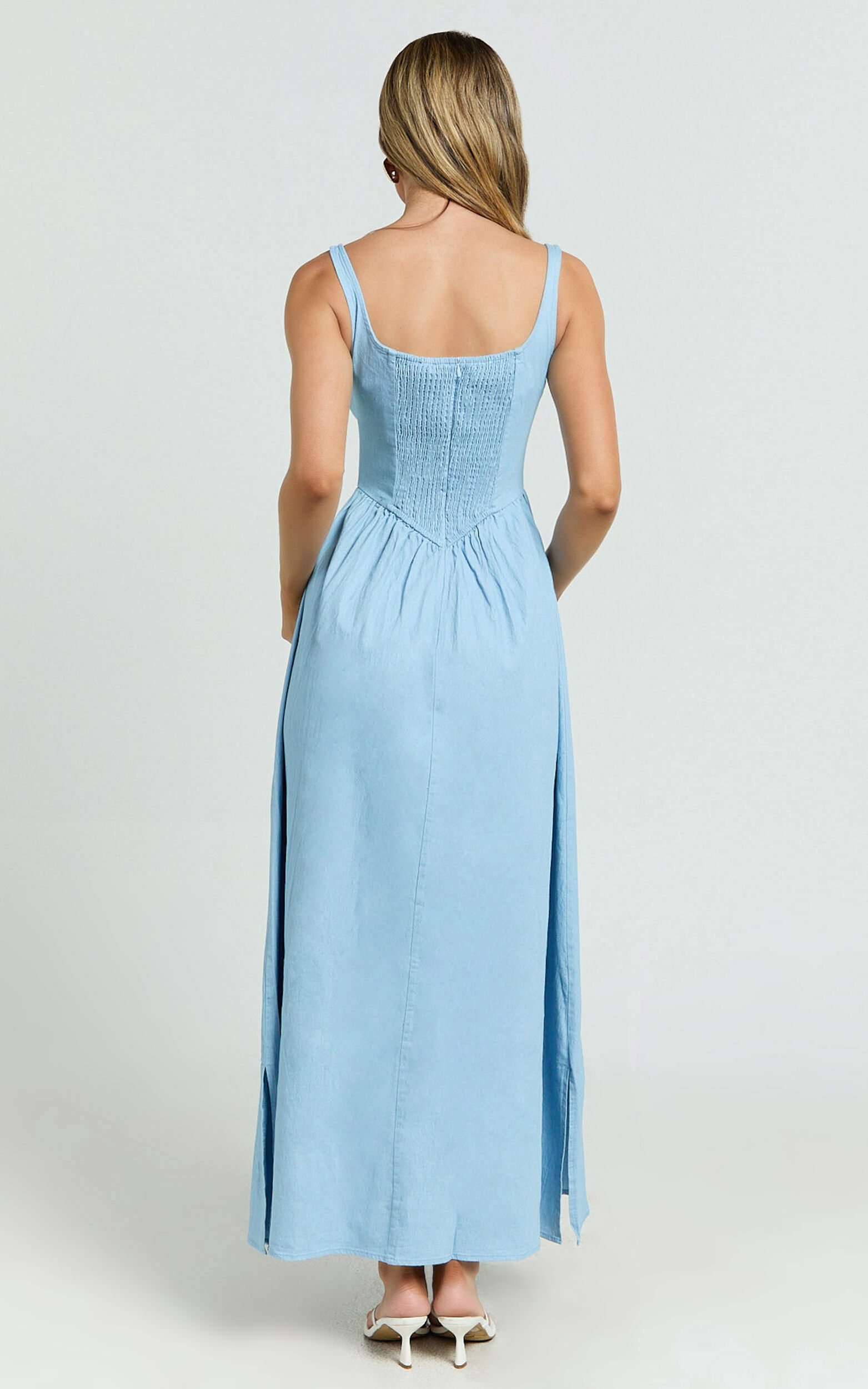 Rhaziya Midi Dress - Sleeveless Straight Neck Fit and Flare Dress in Blue