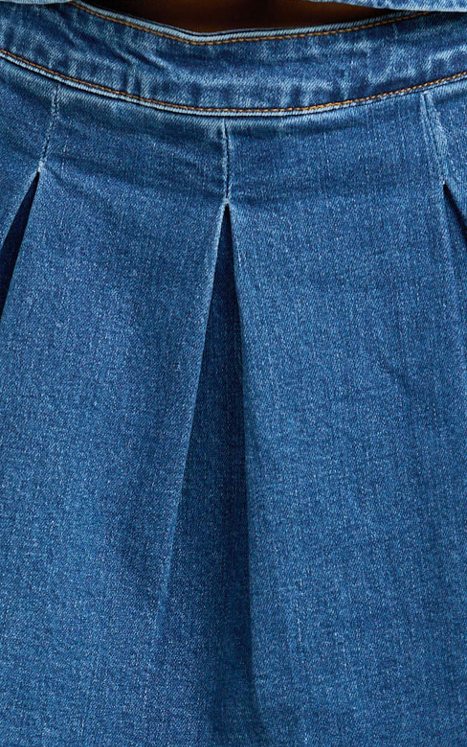 Nikita Mini Skirt - Mid Waisted Denim Box Pleat Skirt in Dark Blue Wash