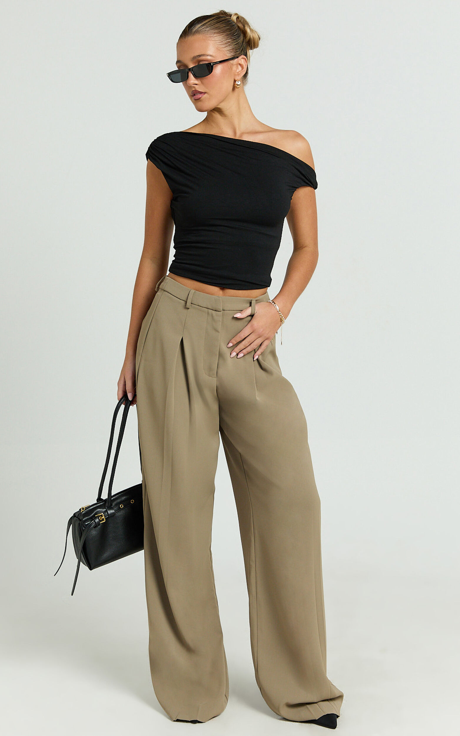 Harlee Pants - Mid Waist Pleated Wide Leg Pants in Olive