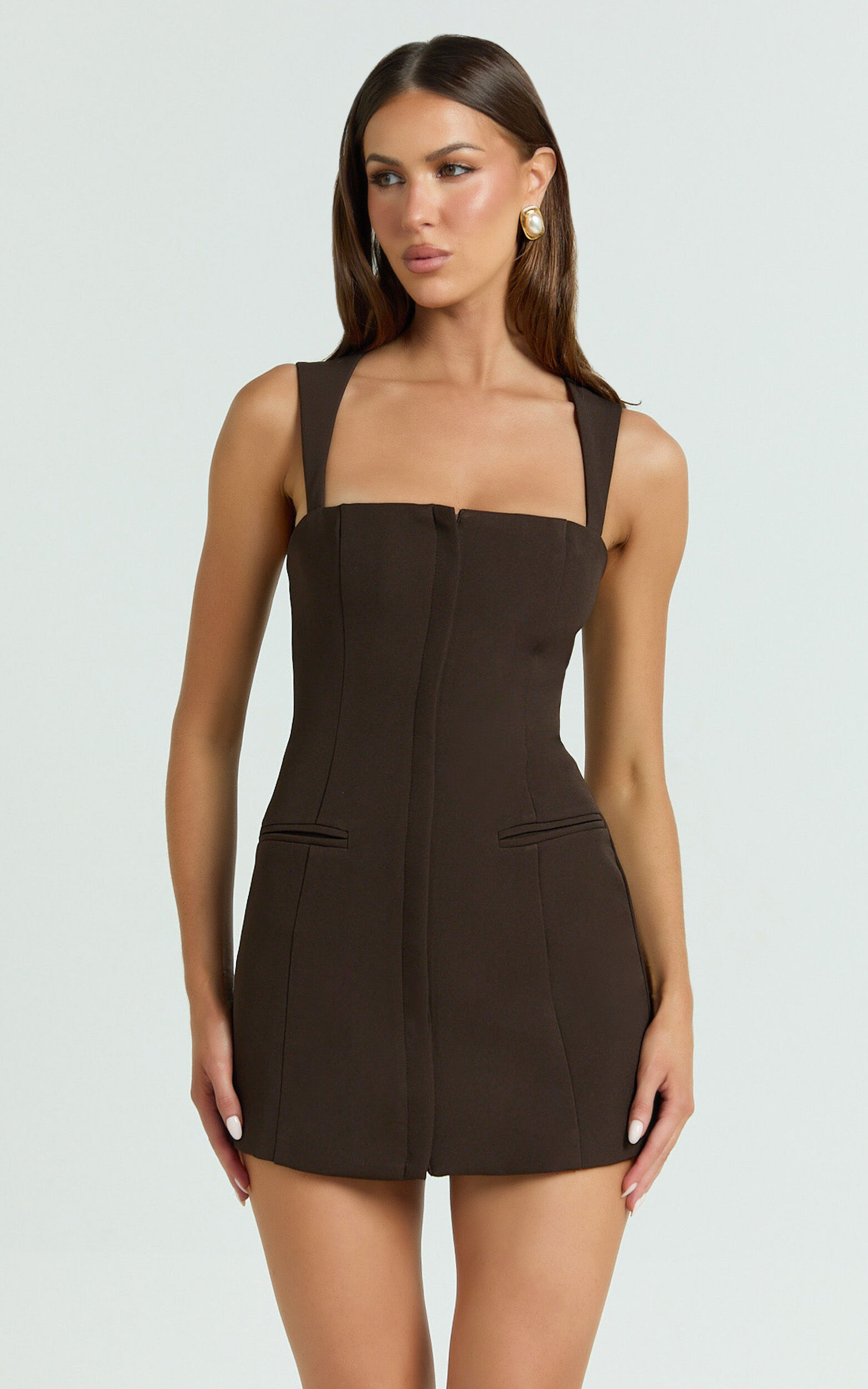 Jenni Mini Dress - Zip Through Square Neck Open Back Dress in Chocolate
