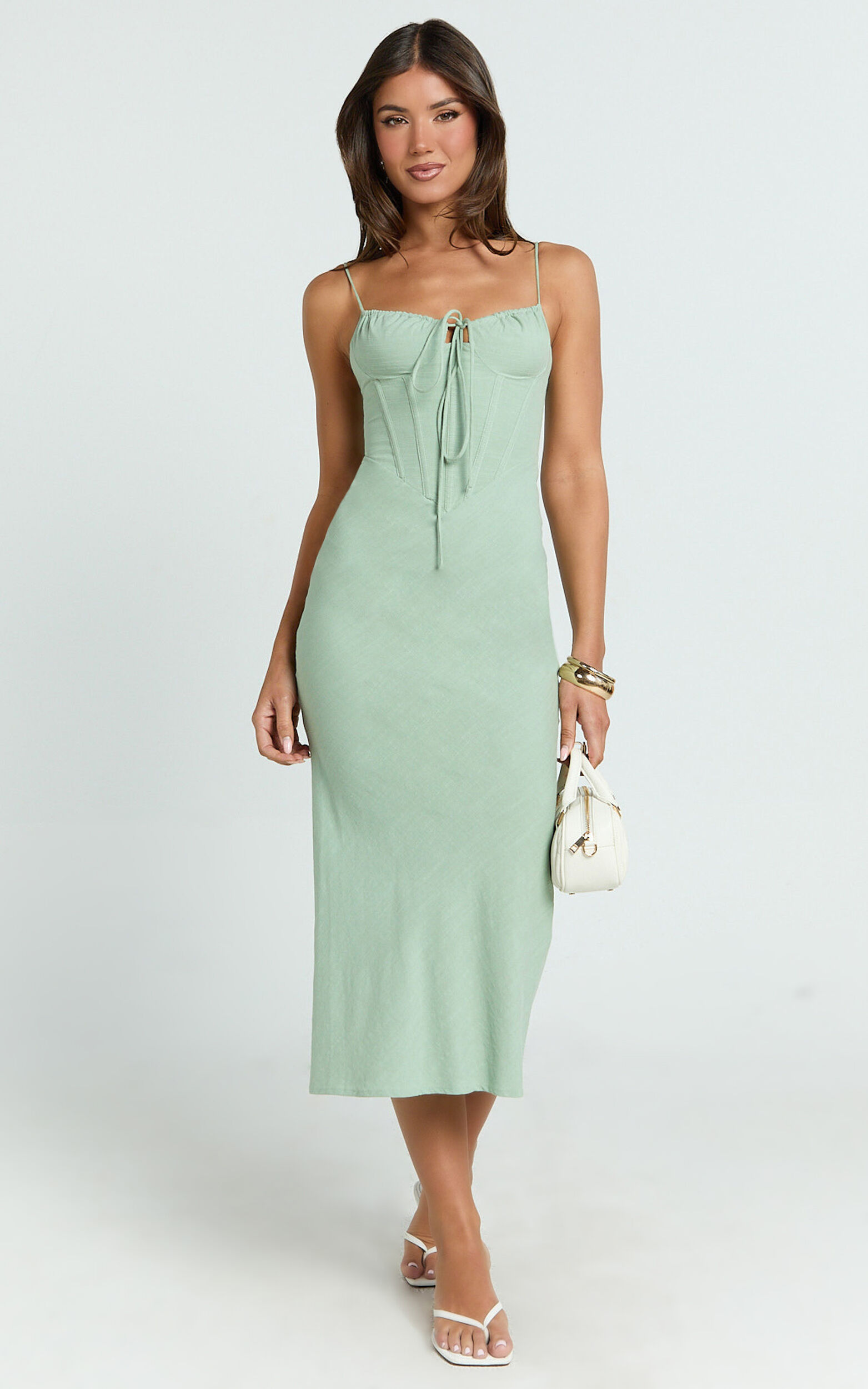 Mikayla Midi Dress - Linen Scoop Neck Ruched Bust Corset Waist Bias Skirt Dress in Sage