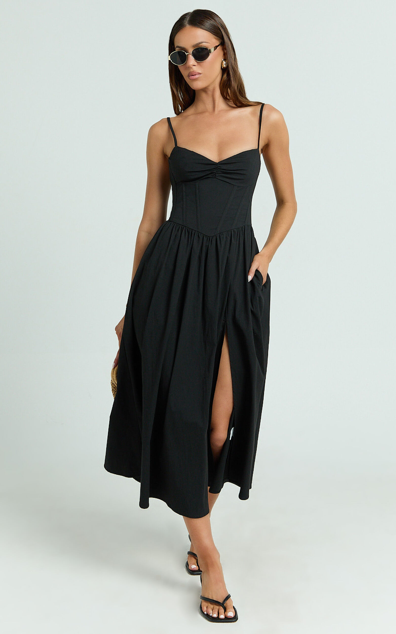 Maddie Midi Dress - Sweetheart Fit And Flare Gathered Dress in Black