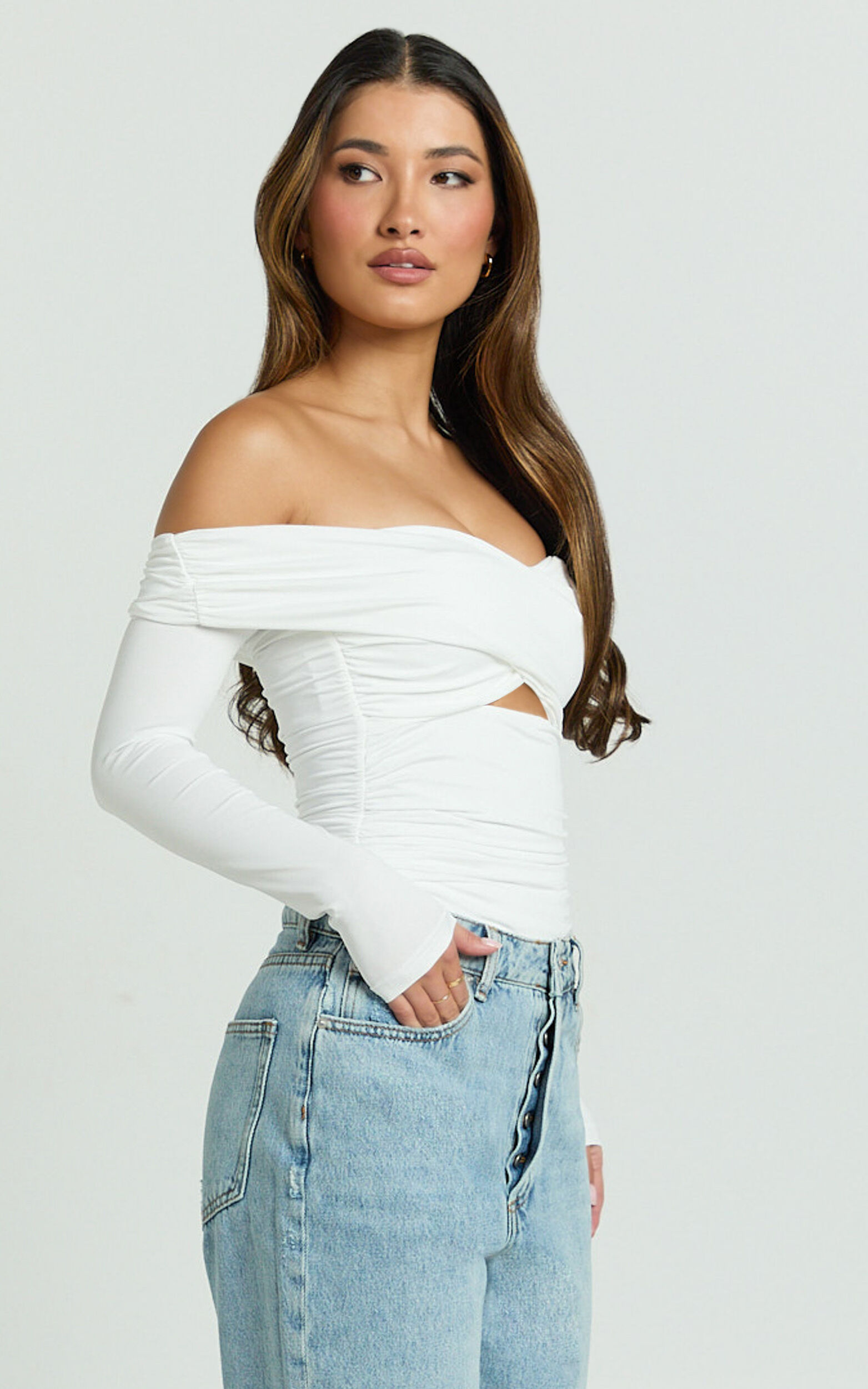 Dana Top - Off Shoulder Long Sleeve Ruched Fitted Top in White