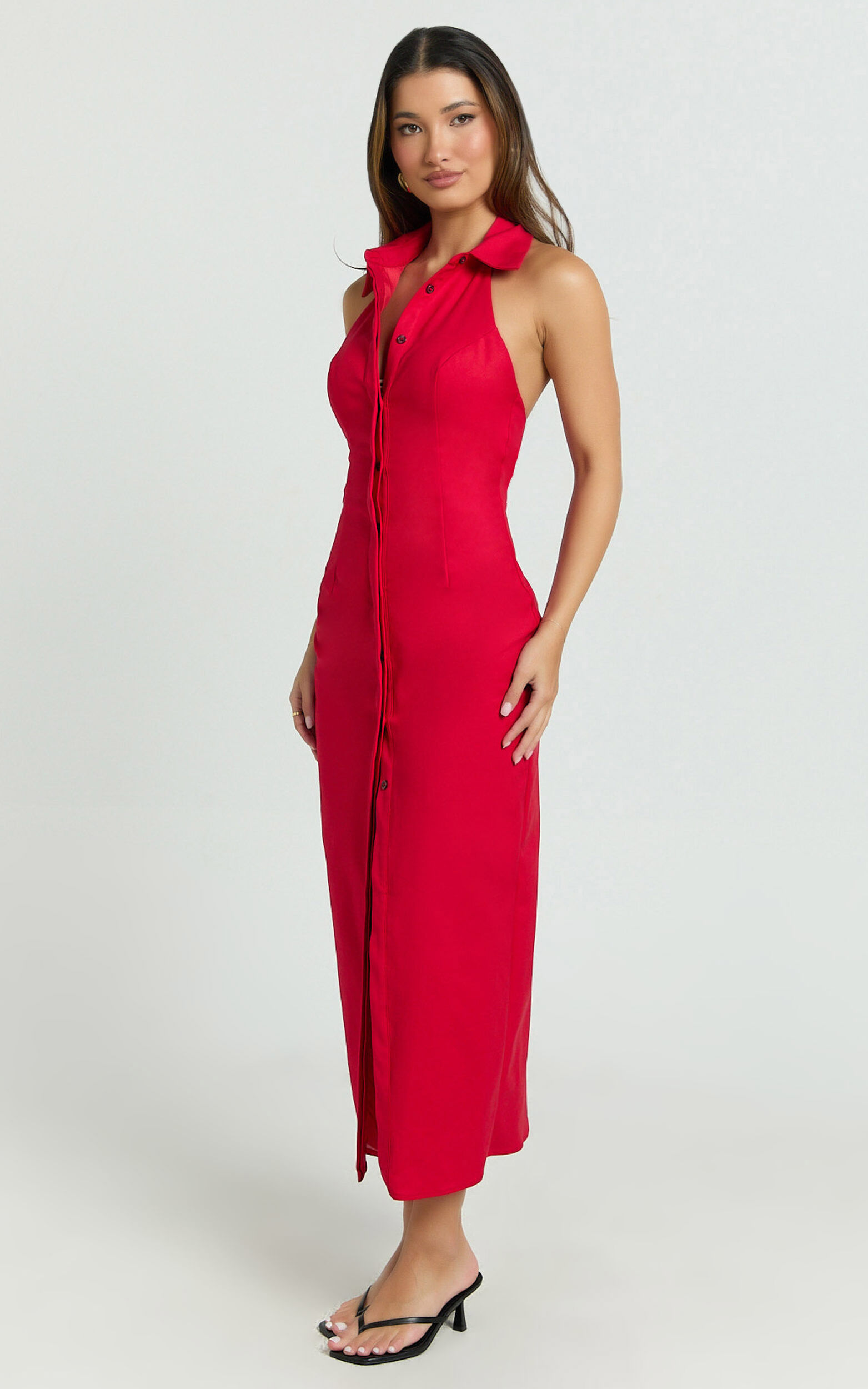 Lillibelle Midi Dress - Collared Button Down Bodycon Dress in Red