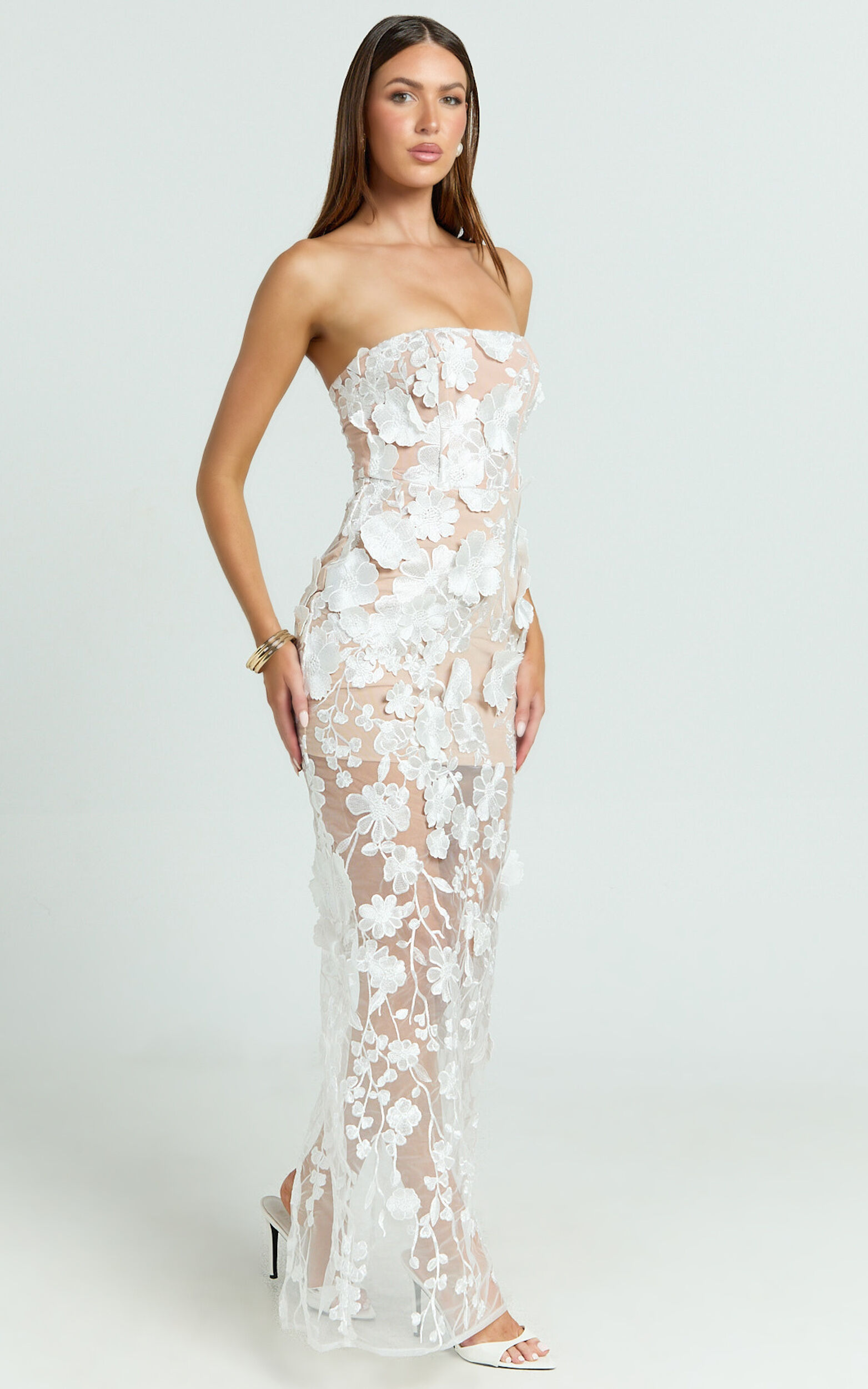 Sienna Maxi Dress - 3D Floral Strapless Column Dress in White