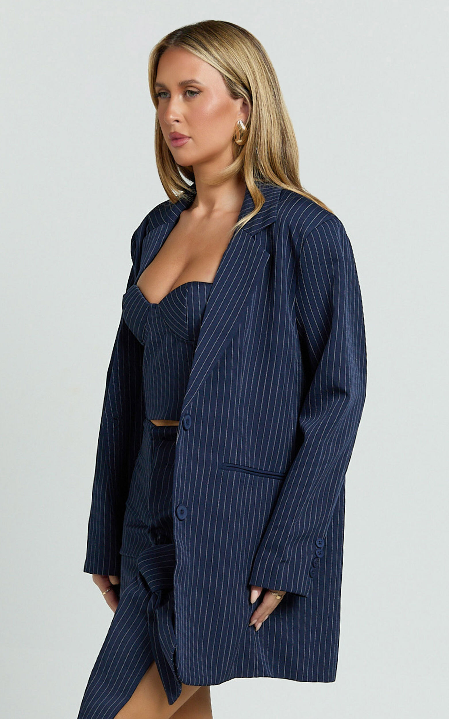 Elliot Jacket - Pinstripe Single Breasted Relaxed Shoulder Blazer in Navy