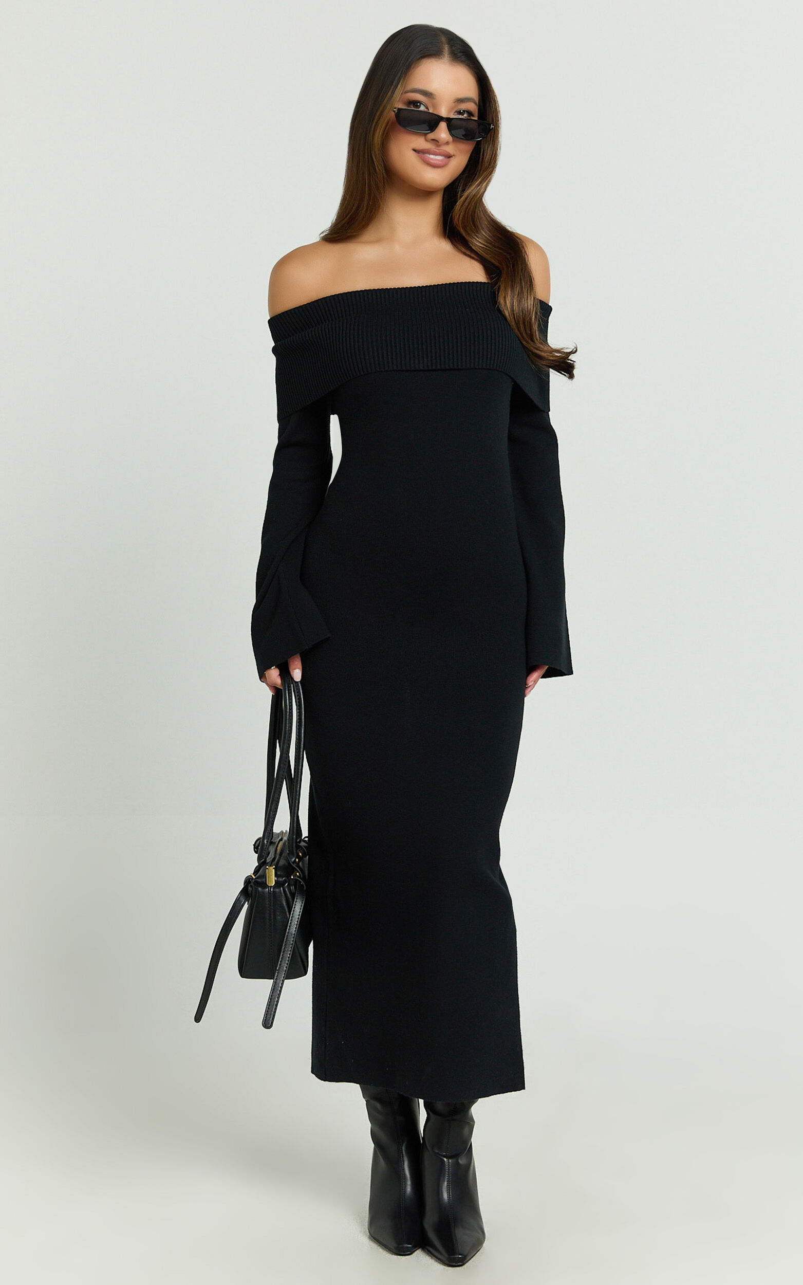 Maisie Midi Dress - Off Shoulder Long Sleeve Fitted Column Knit Dress in Black