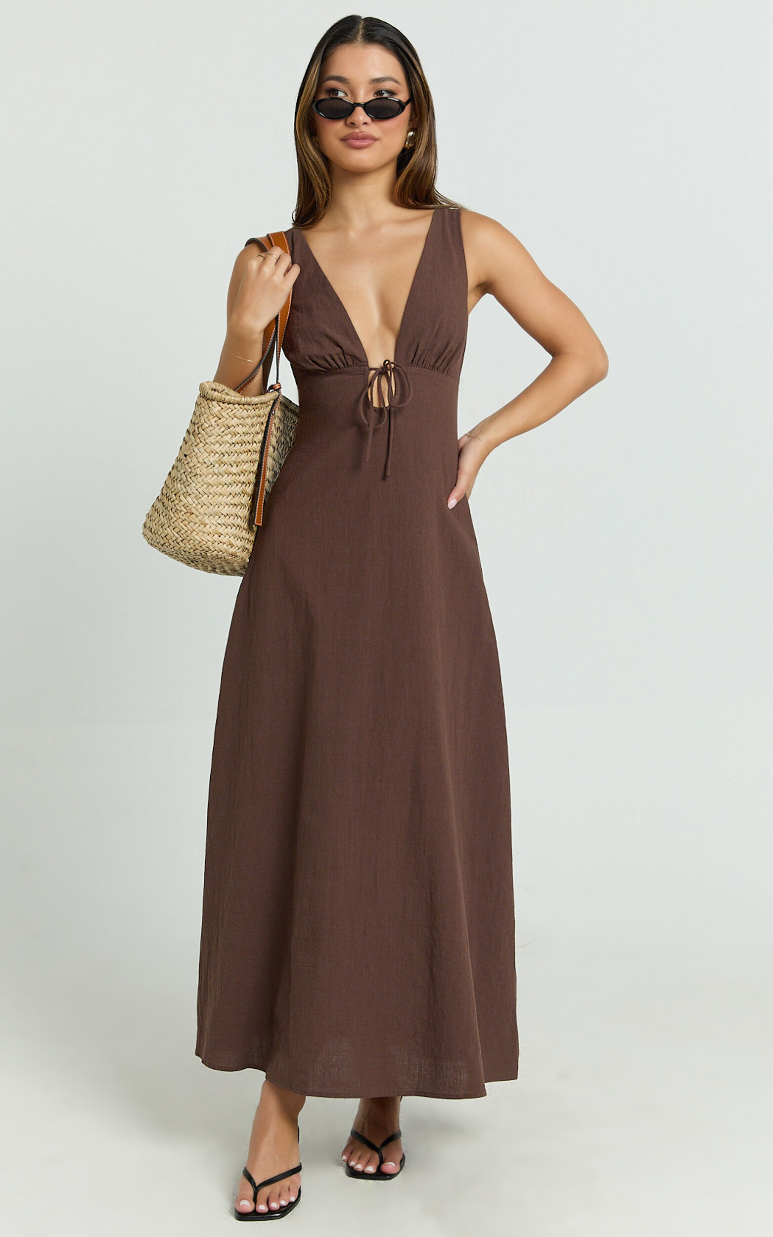 Silvena Midi Dress - Plunge Neckline Tie Front A Line Dress in Chocolate