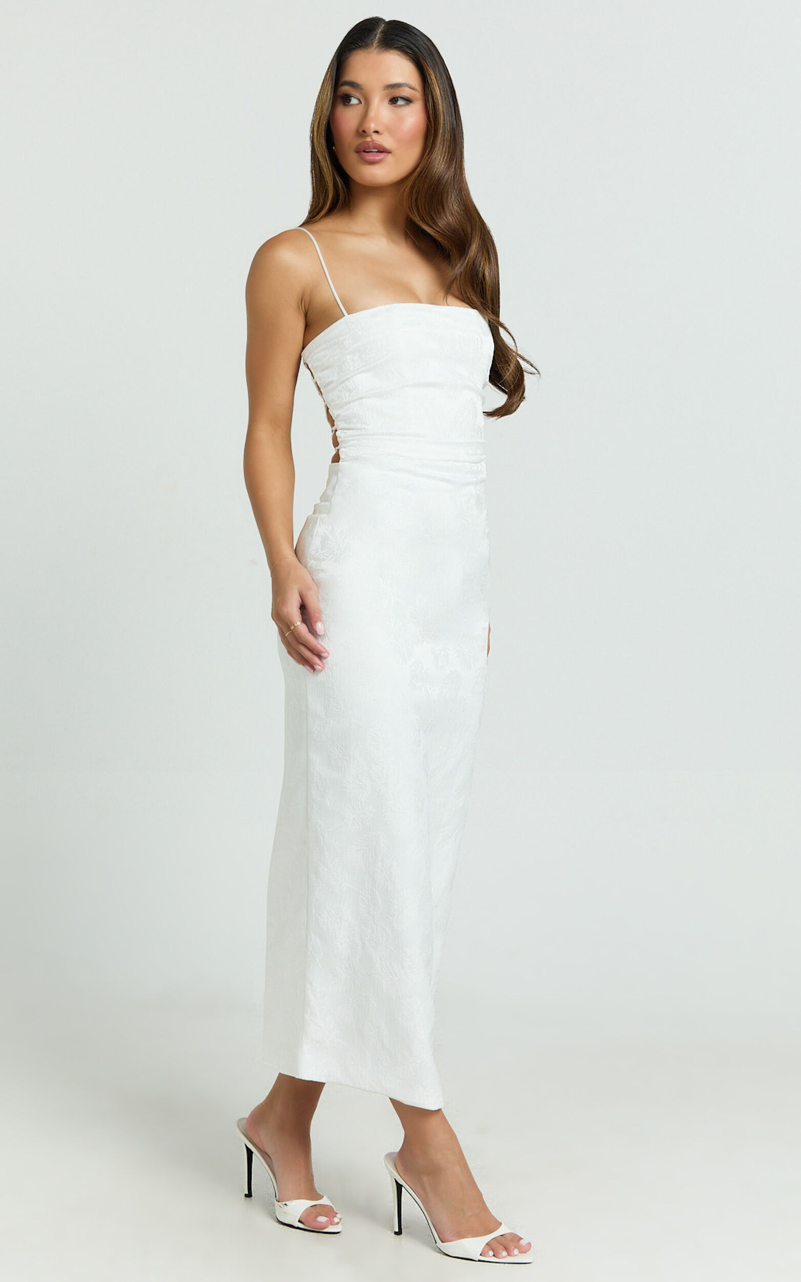 Indiana Midi Dress - Jacquard Square Neck Lace Back Fitted Dress in White