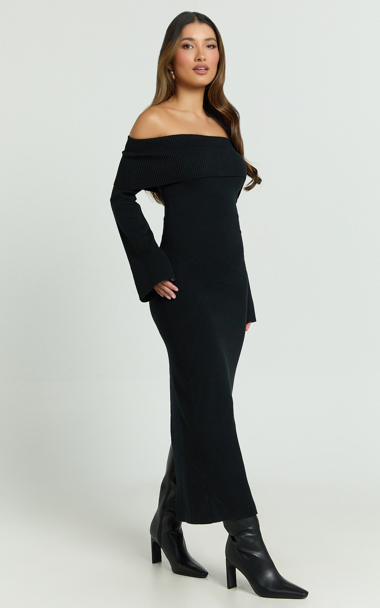 Maisie Midi Dress - Off Shoulder Long Sleeve Fitted Column Knit Dress in Black