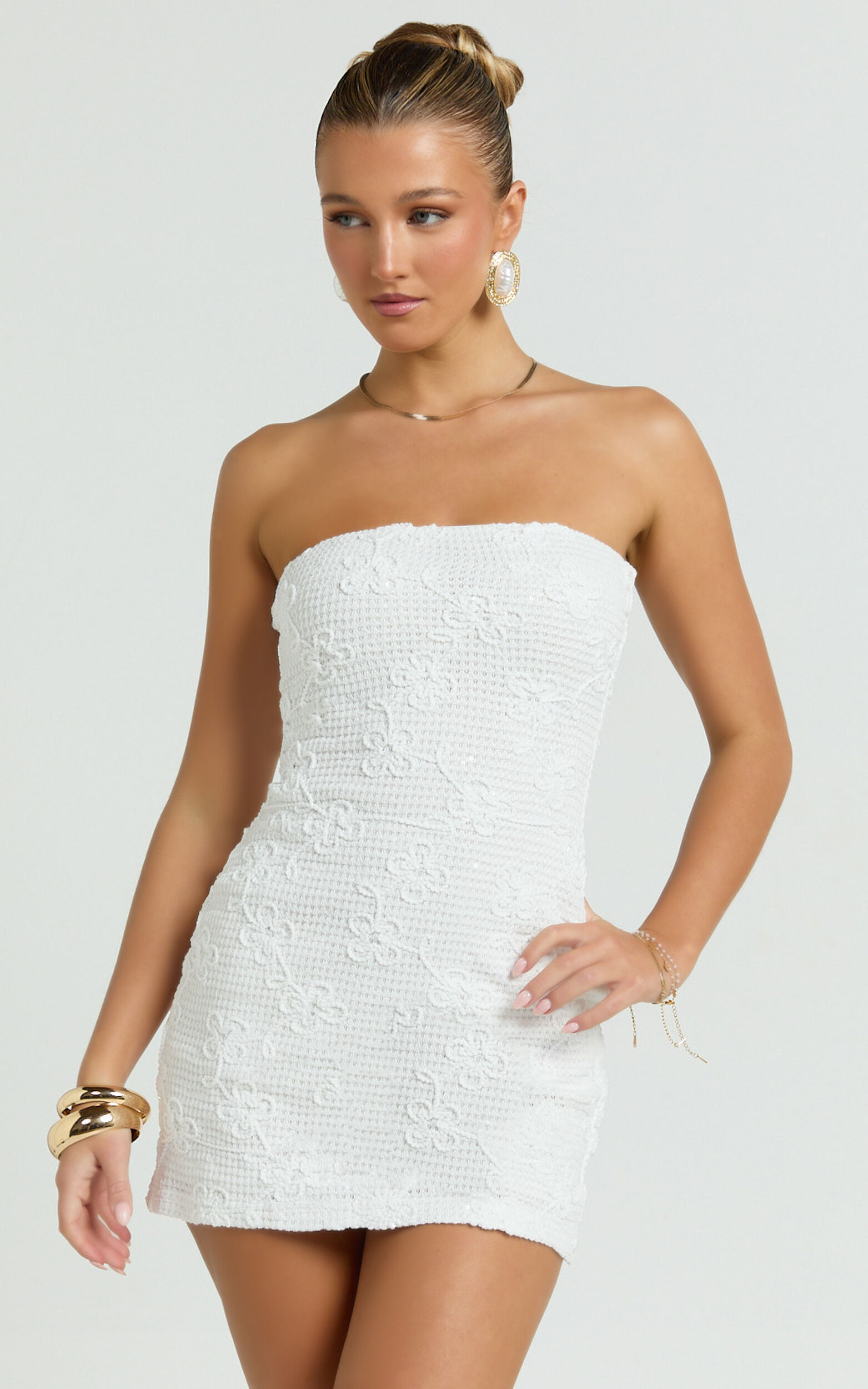 Inka Mini Dress - Strapless Fitted Jersey Dress in White