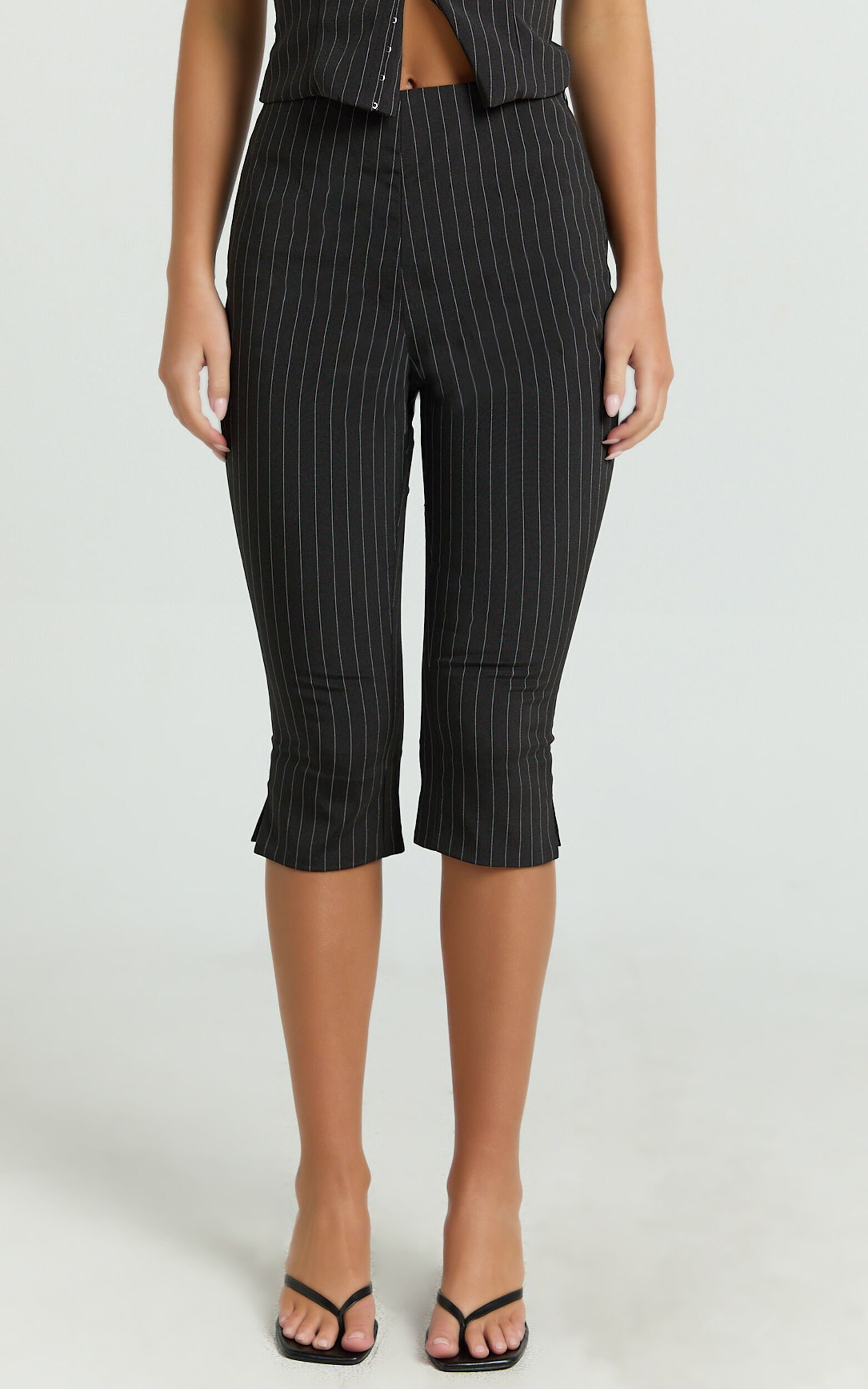 Susannah Pants - Pinstripe Fitted Split Leg Capri Pants in Black Stripe