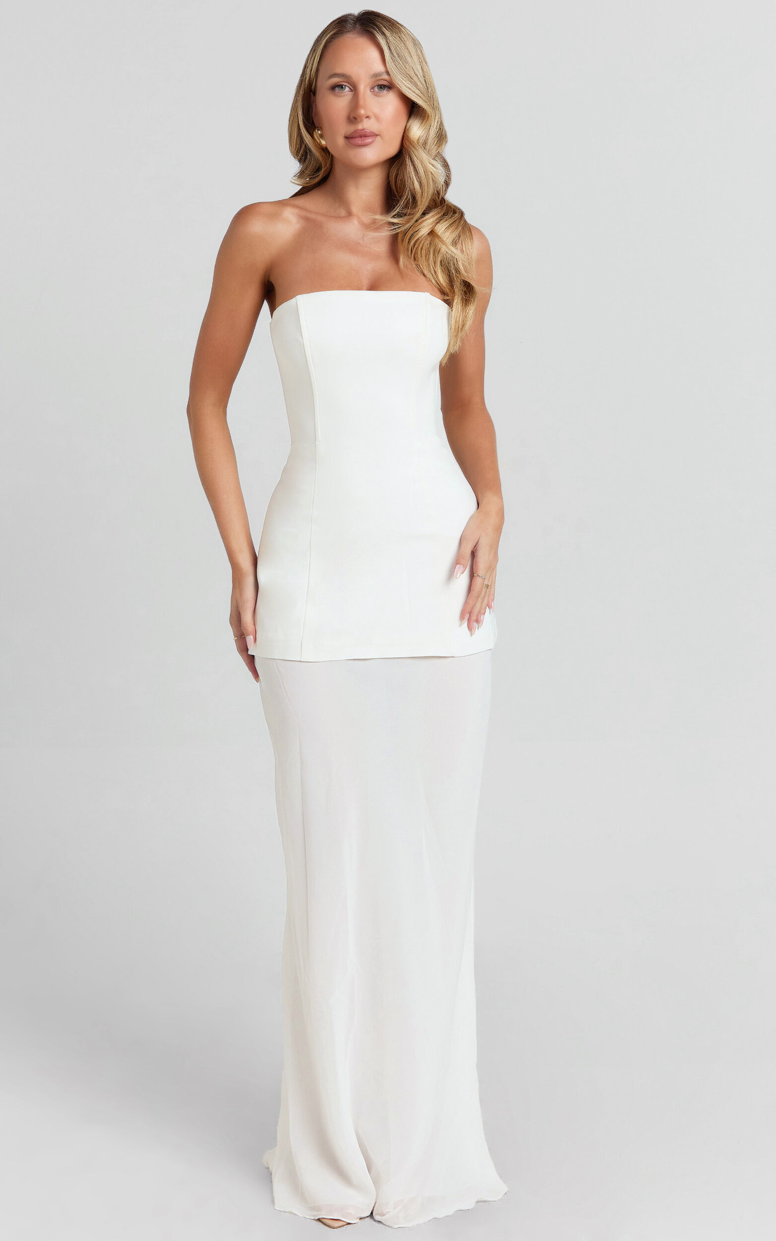 Keyla Maxi Dress - Strapless Contrast Skirt Dress in Ivory