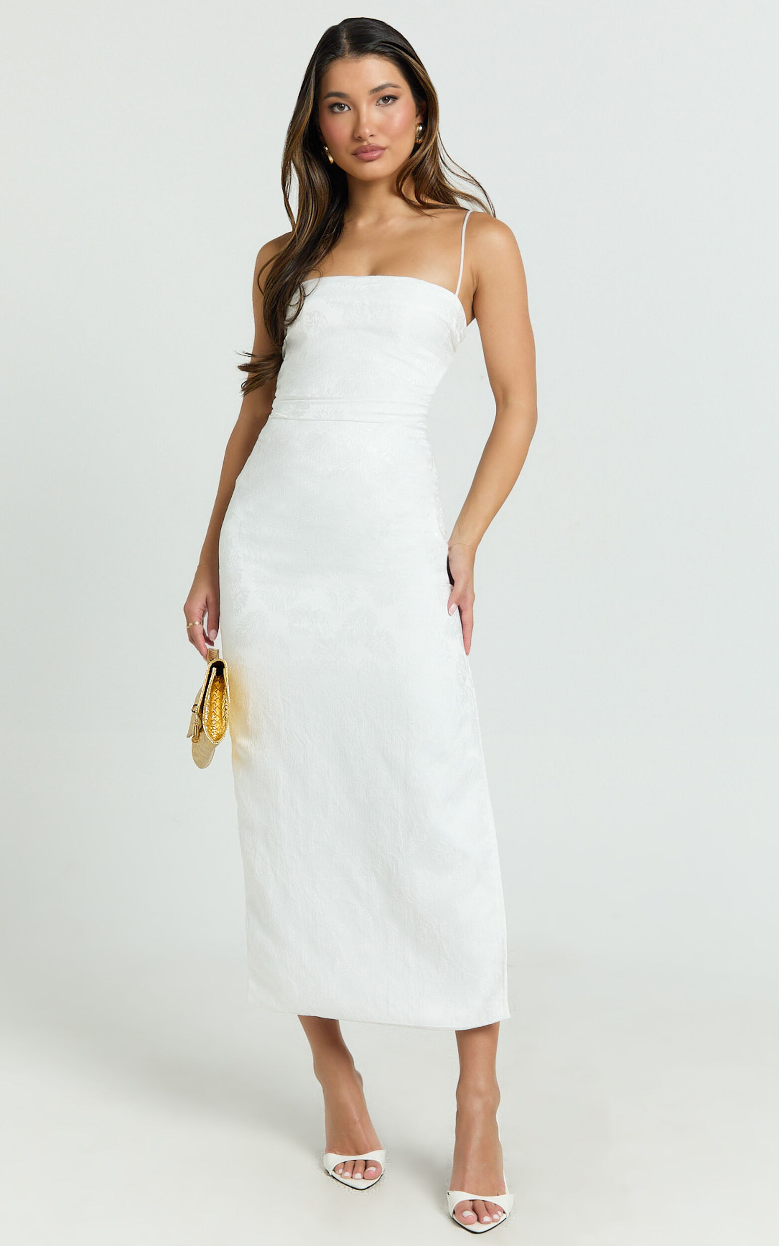 Indiana Midi Dress - Jacquard Square Neck Lace Back Fitted Dress in White