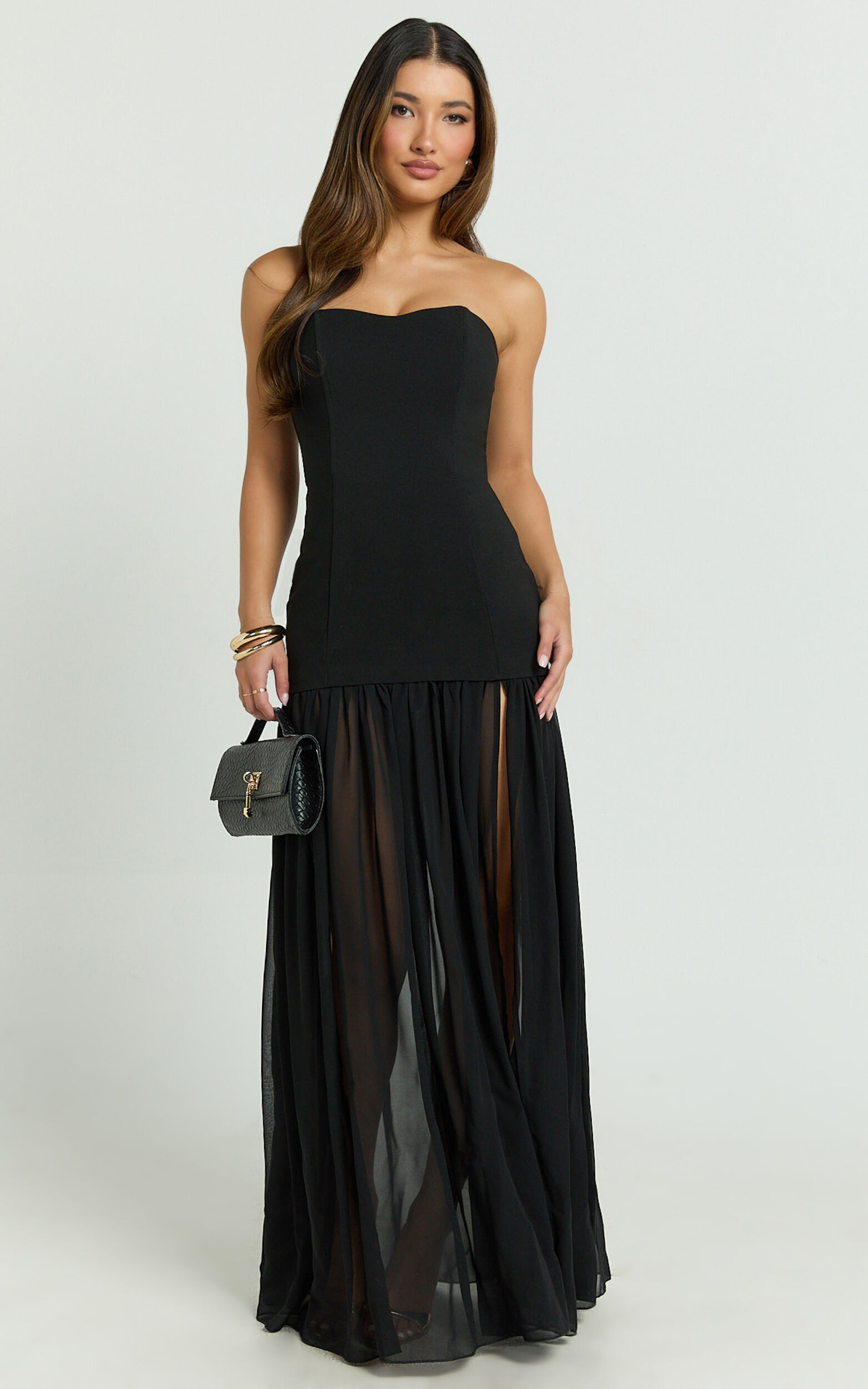 Jocelyn Maxi Dress - Strapless Ruched Fit And Flare Dress in Black