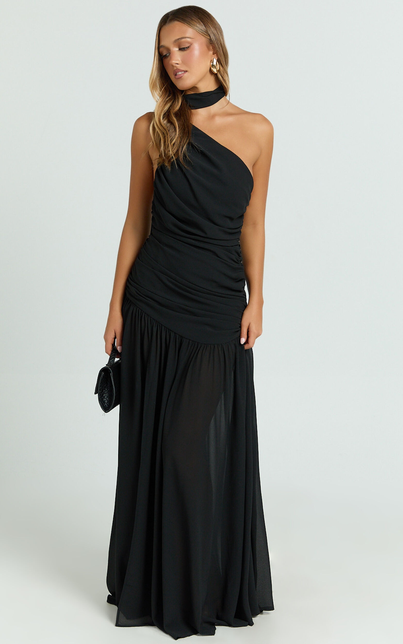 Enya Maxi Dress - One Shoulder Neck Tie Ruched High Split Dress in Black