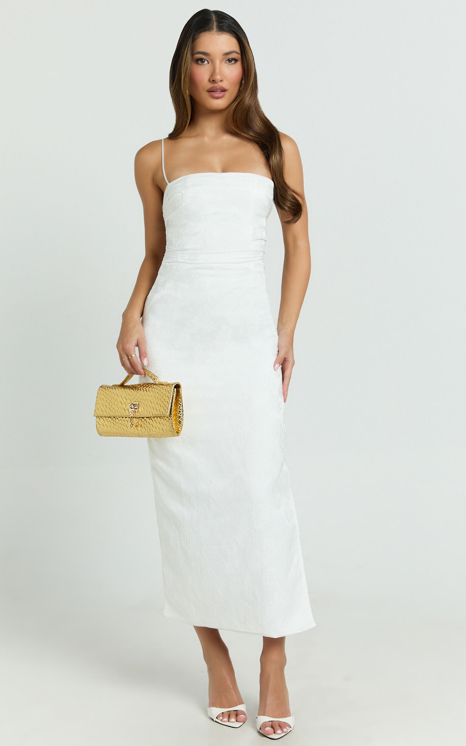 Indiana Midi Dress - Jacquard Square Neck Lace Back Fitted Dress in White