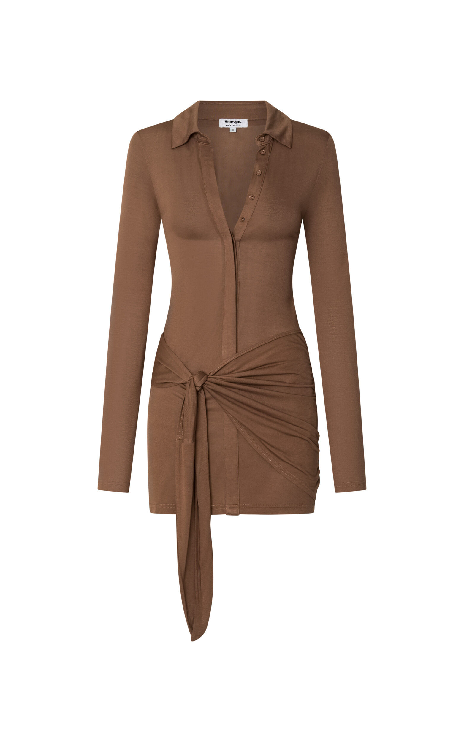 Lola Mini Dress - Long Sleeve Concealed Placket Front Faux Wrap Dress in Chocolate