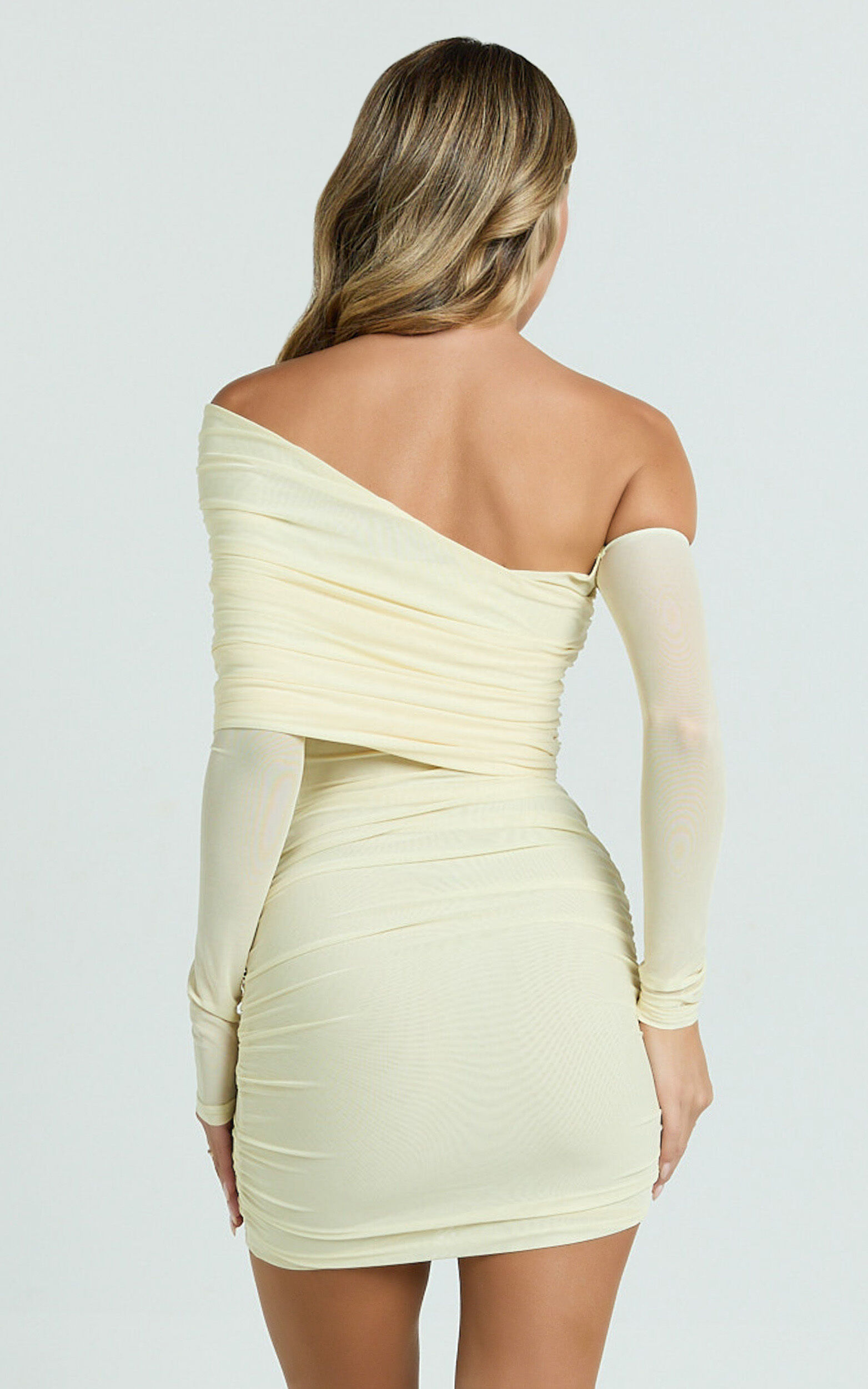 Imelda Mini Dress - Tipped Off Shoulder Long Sleeve Ruched Fitted Skirt Dress in Lemon