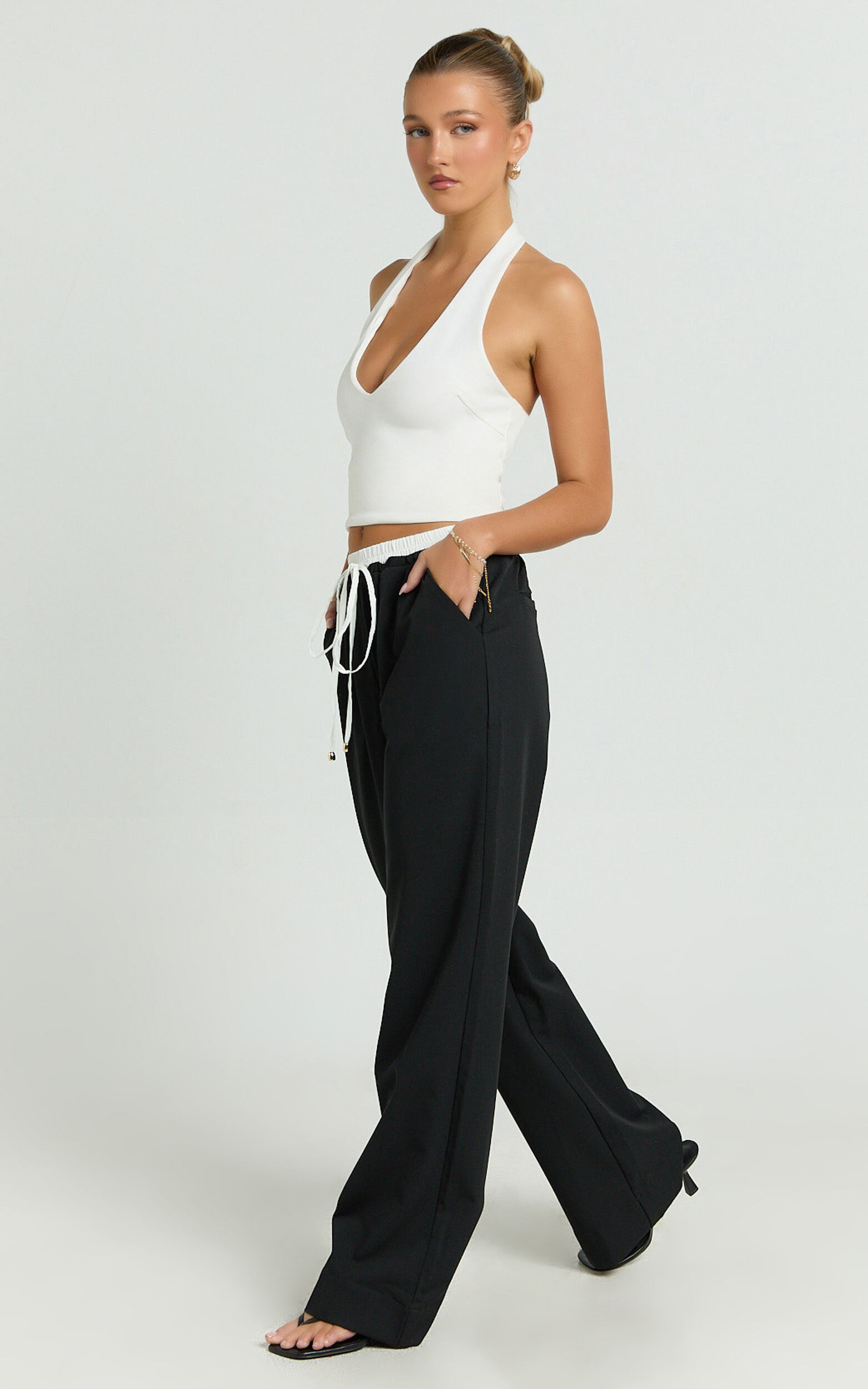 Maliha Pants - Mid Rise Contrast Elasticated Drawstring Wide Leg Tailored Pants in Black