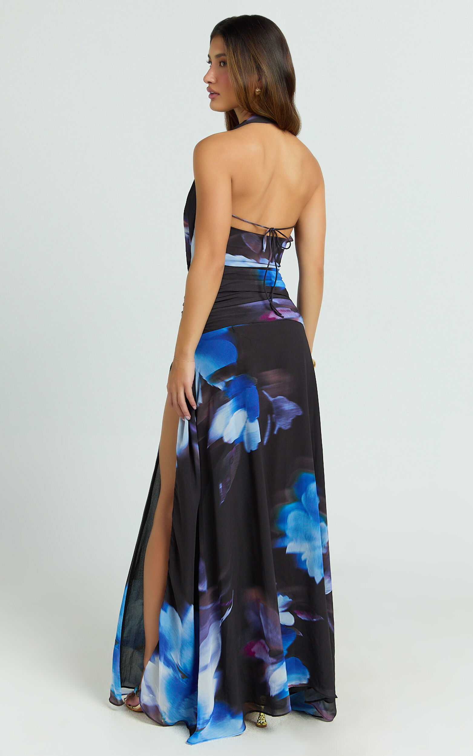 Odessa Maxi Dress - Plunge Cowl Halter High Leg Split Dress in Electric Bloom Print