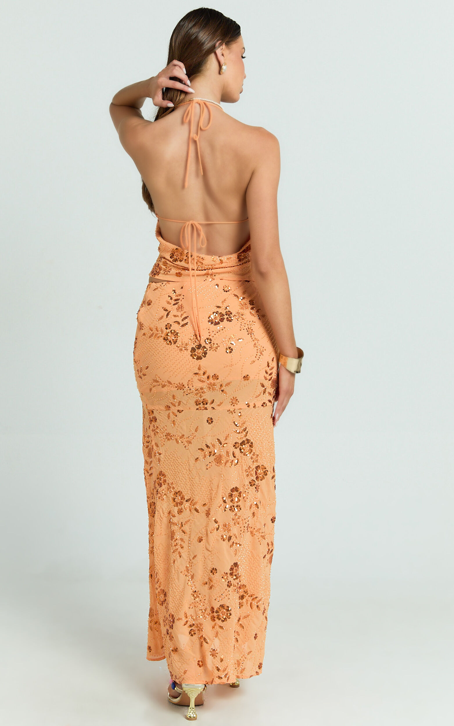 Rowena Maxi Skirt - Low Waisted Beaded Sequin Skirt in Orange