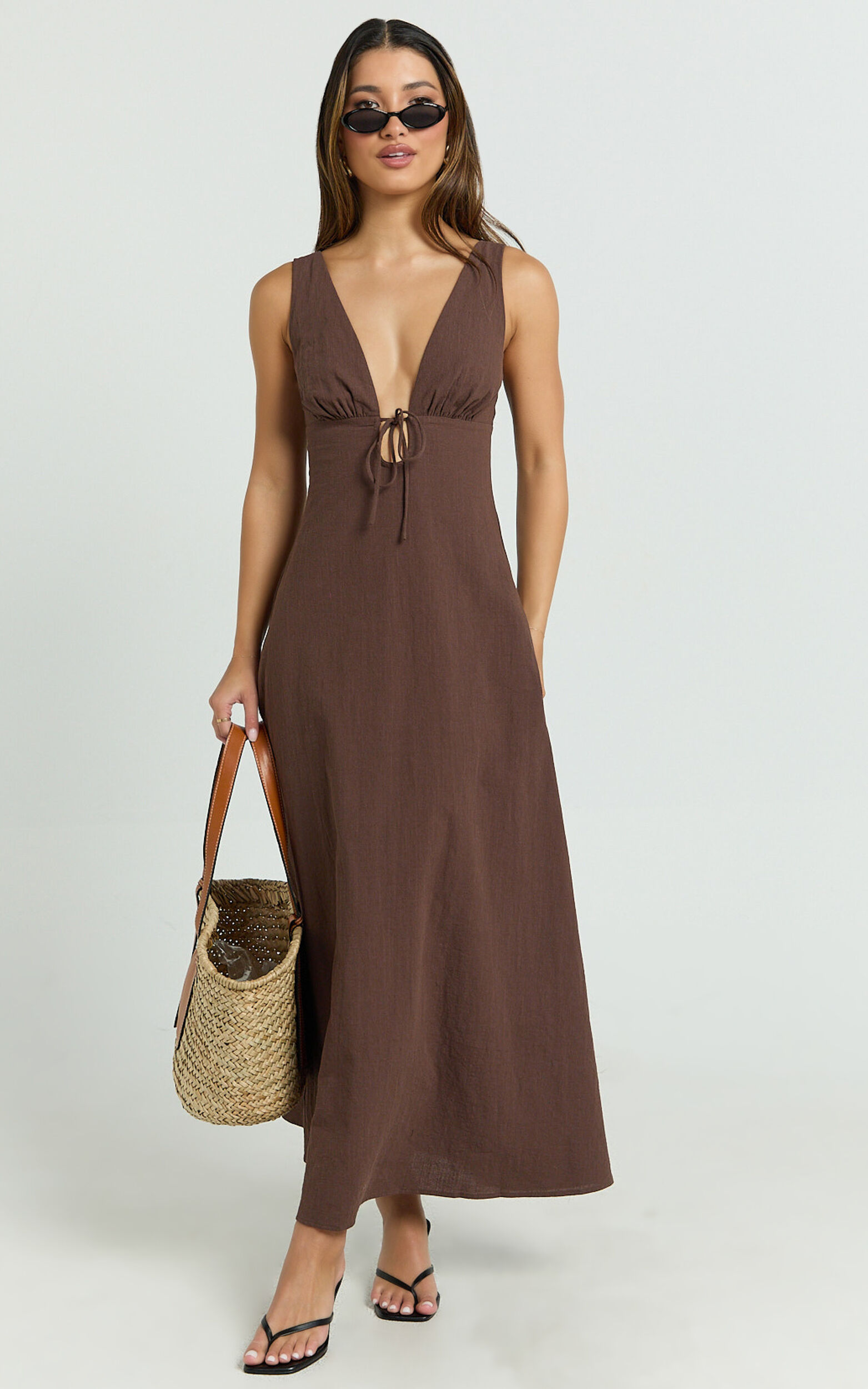 Silvena Midi Dress - Plunge Neckline Tie Front A Line Dress in Chocolate