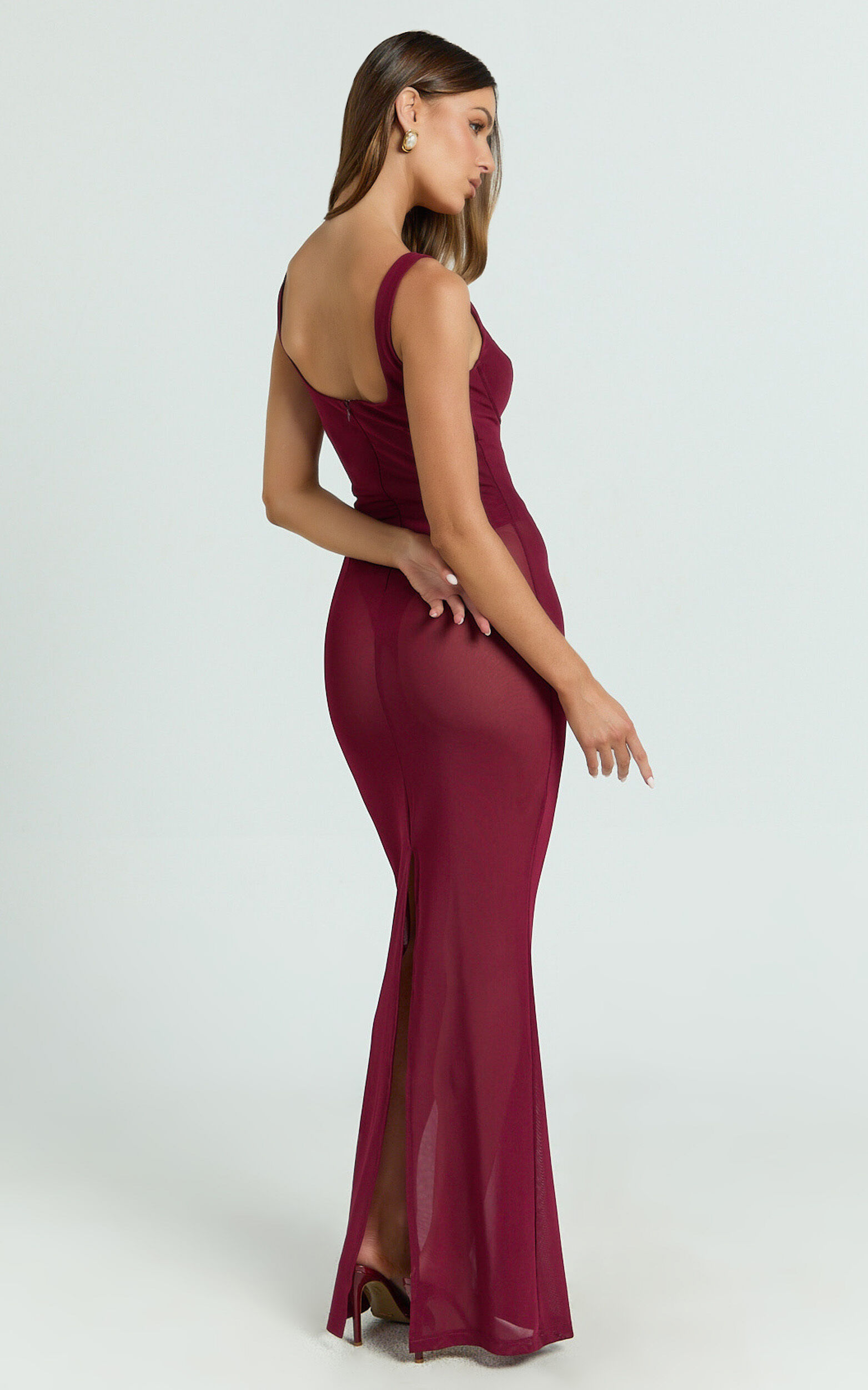 Laney Maxi Dress - Mesh Sweetheart Neck Bodycon Dress in Wine