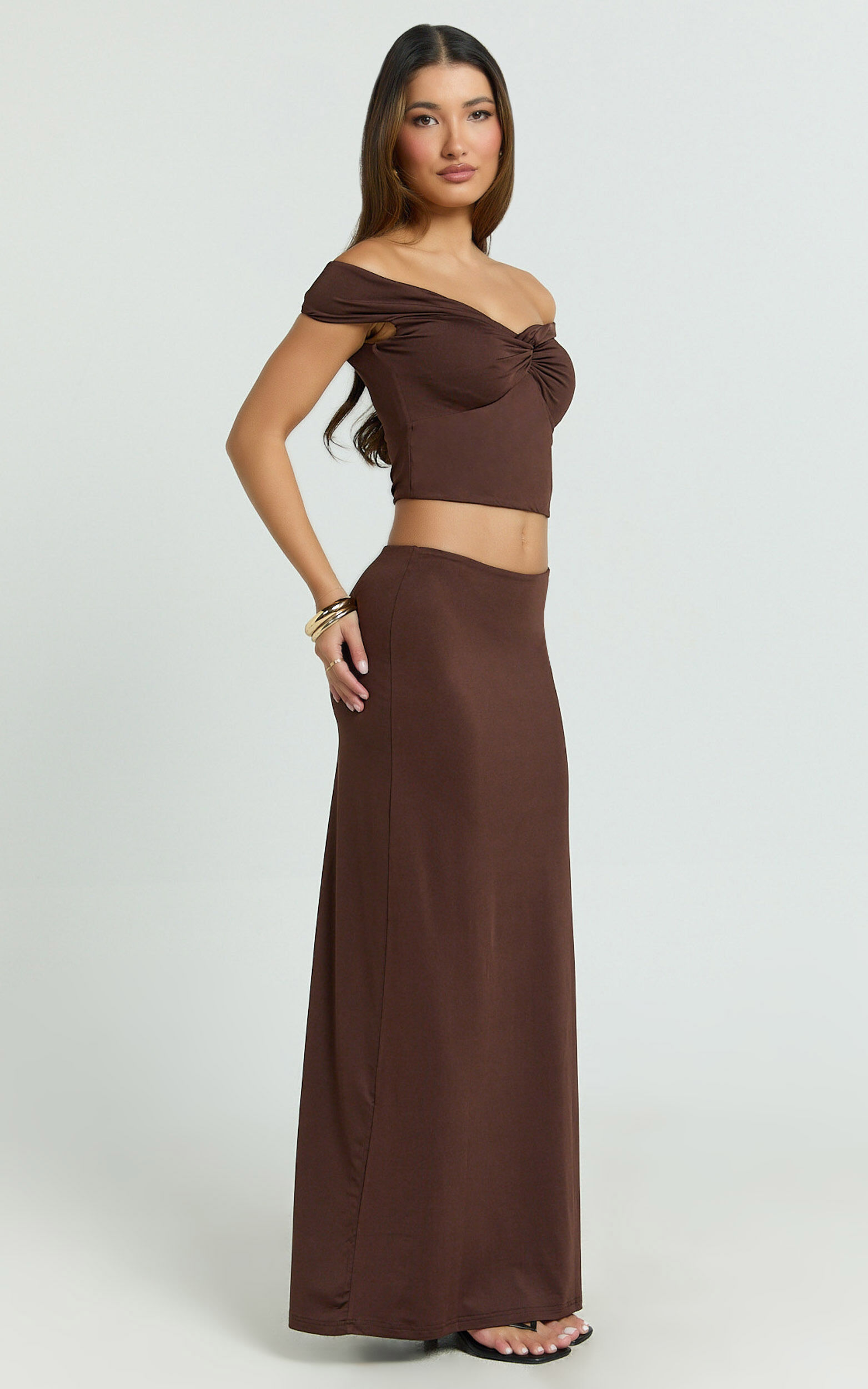 Chaney Top and Skirt Set - Twist Front Off Shoulder Top and Gathered Maxi Skirt Set in Chocolate