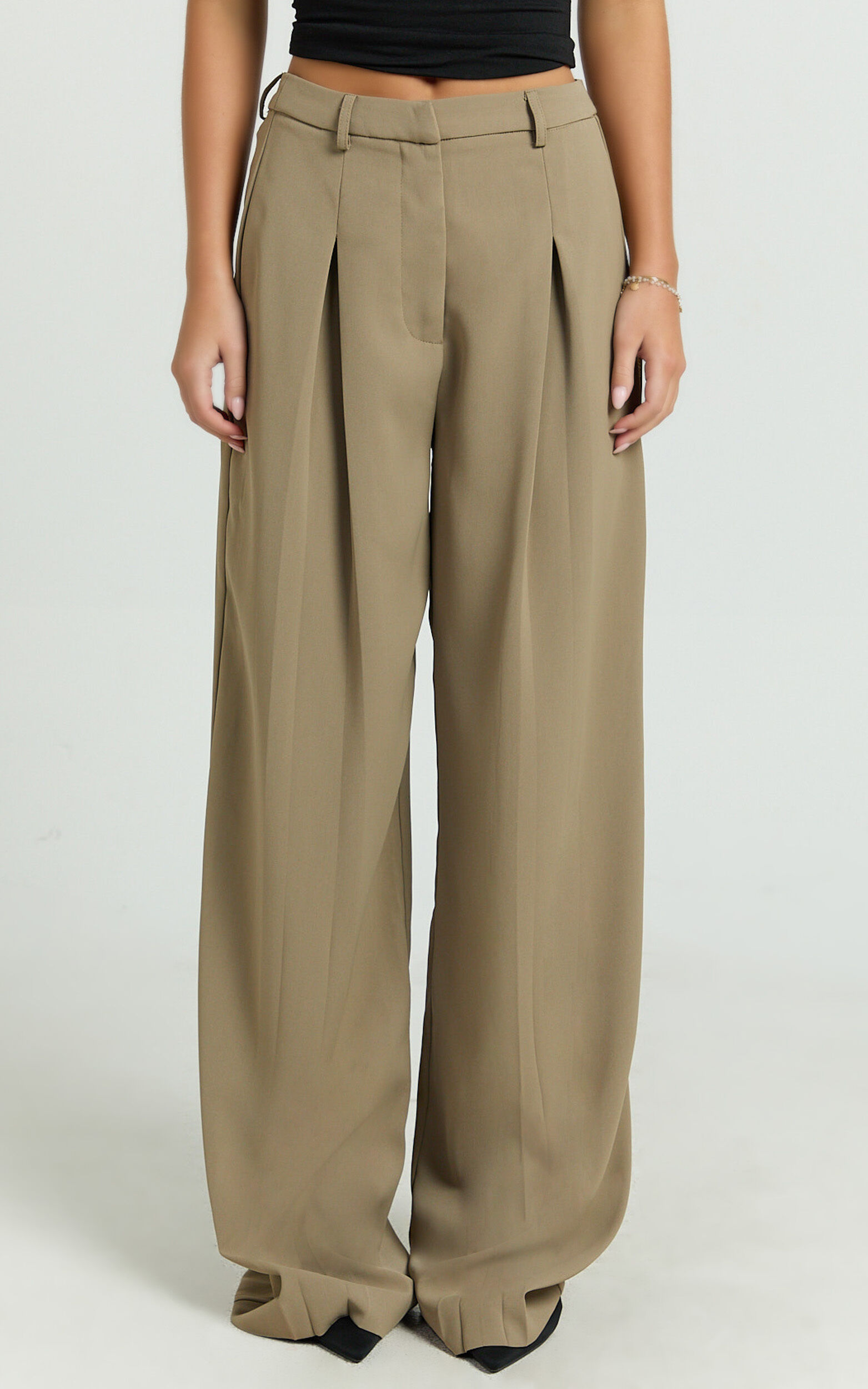 Harlee Pants - Mid Waist Pleated Wide Leg Pants in Olive